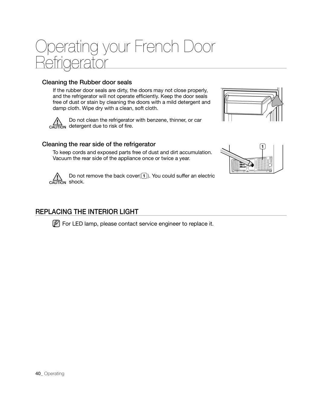 Samsung RFG238 Replacing The Interior Light, Operating your French Door Refrigerator, Cleaning the Rubber door seals 