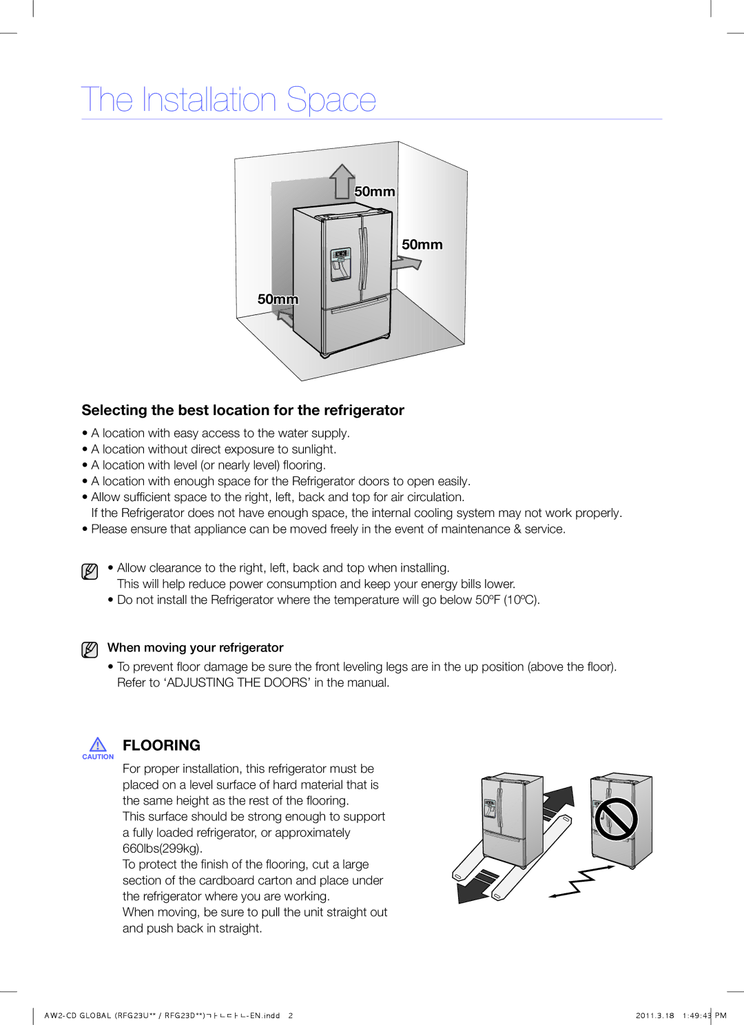 Samsung RFG23UERS1/XTR, RFG23UEBP1/XEO, RFG23UERS1/XEO Installation Space, Selecting the best location for the refrigerator 