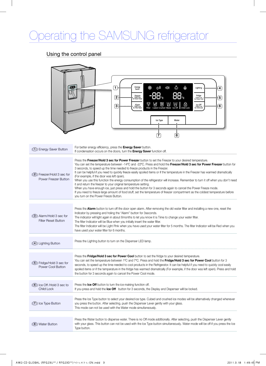 Samsung RFG23UERS1/XEF, RFG23UEBP1/XEO, RFG23UERS1/XEO manual Operating the Samsung refrigerator, Using the control panel 