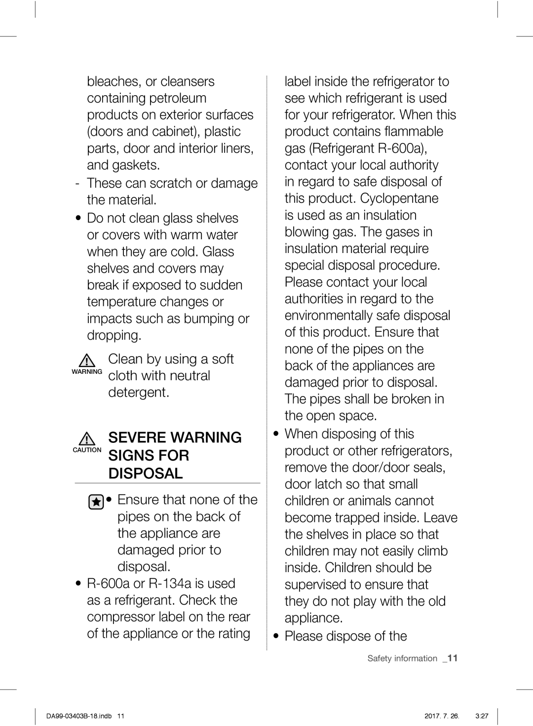 Samsung RFG23UERS1/XEF, RFG23UEBP1/XEO, RFG23UERS1/XEO manual Severe Warning Caution Signs for Disposal, Please dispose 