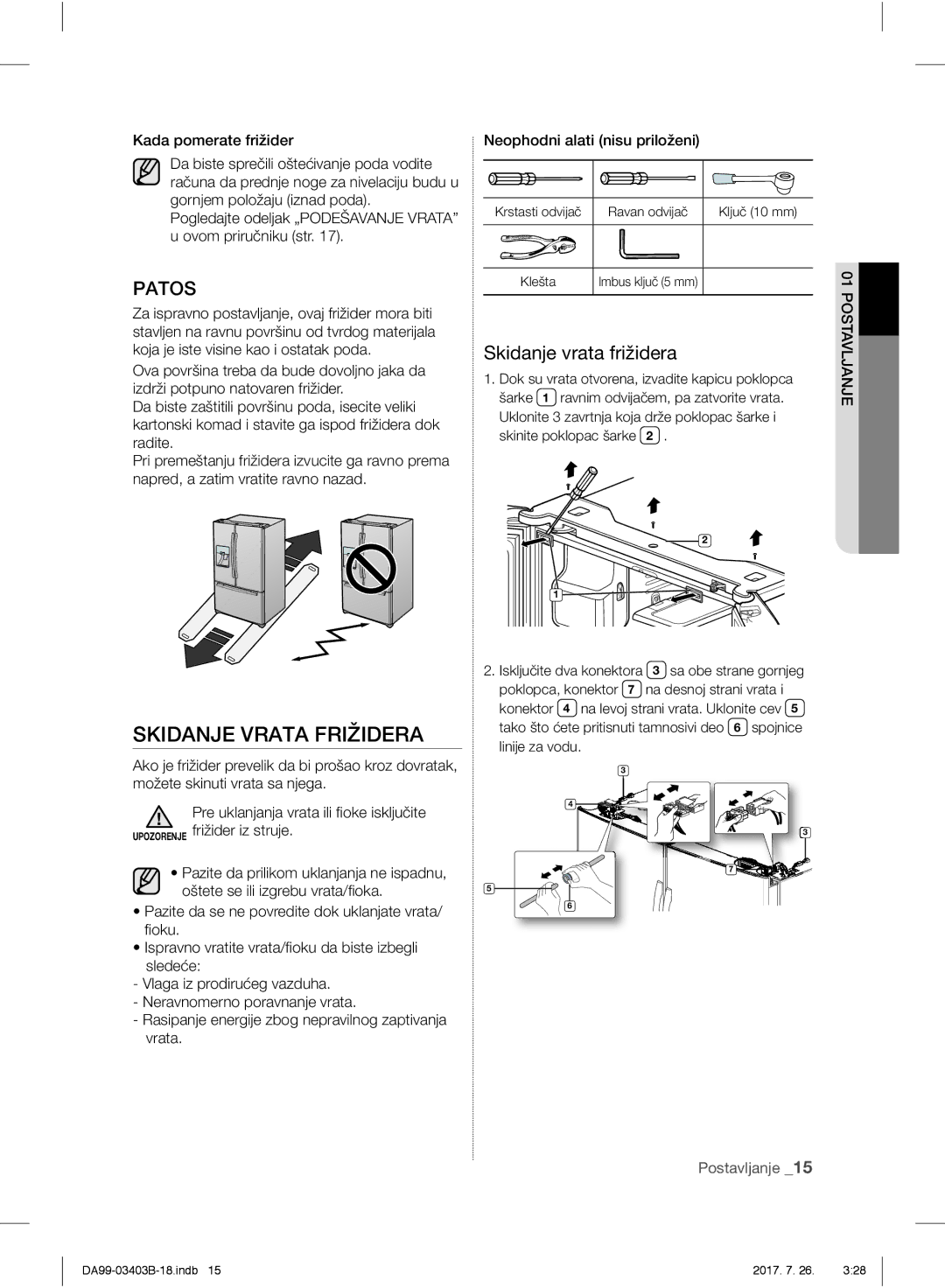 Samsung RFG23UERS1/XEF, RFG23UEBP1/XEO, RFG23UERS1/XEO manual Skidanje Vrata Frižidera, Patos, Skidanje vrata frižidera 