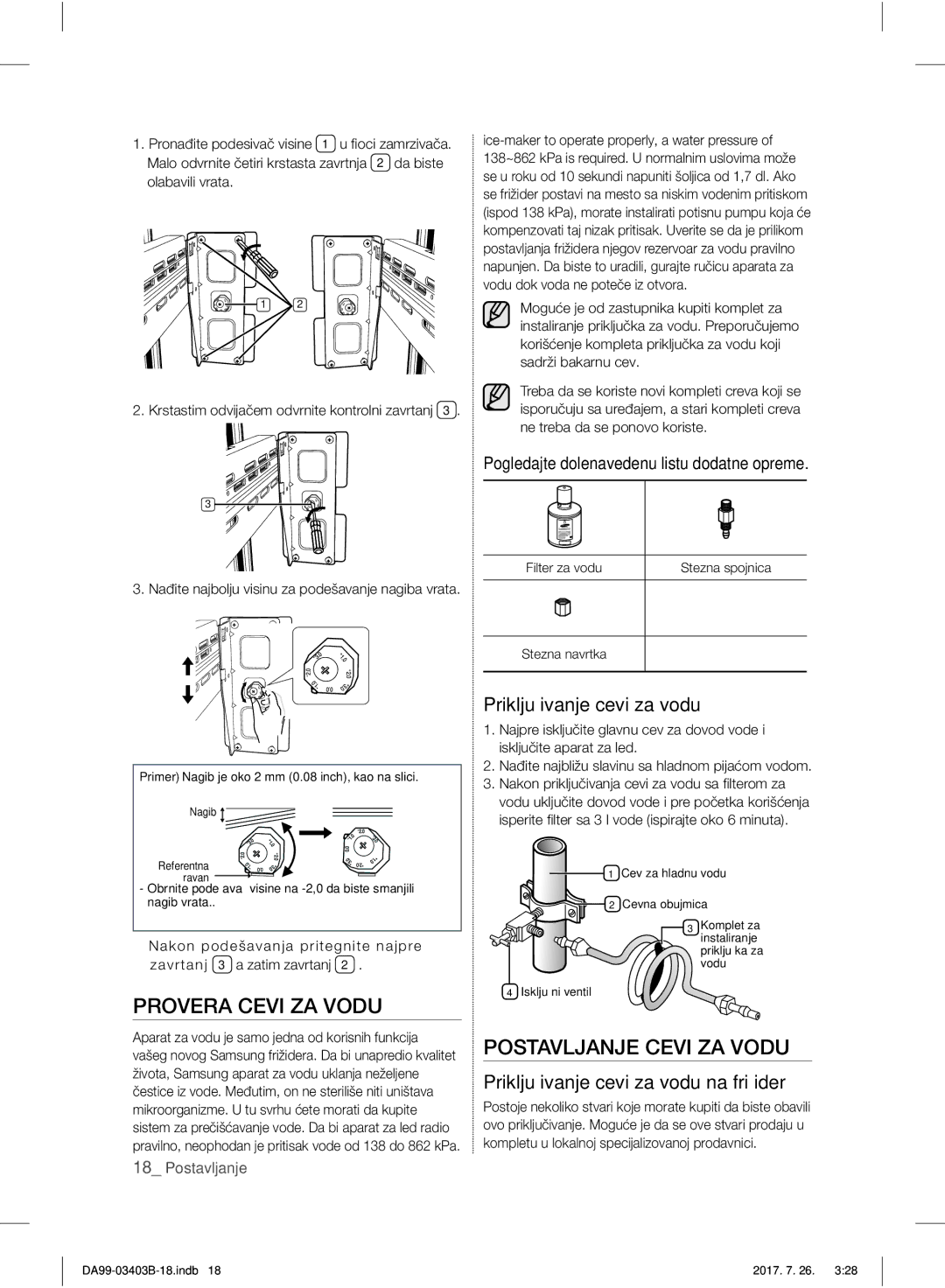 Samsung RFG23UERS1/XTR, RFG23UEBP1/XEO manual Provera Cevi ZA Vodu, Postavljanje Cevi ZA Vodu, Priključivanje cevi za vodu 