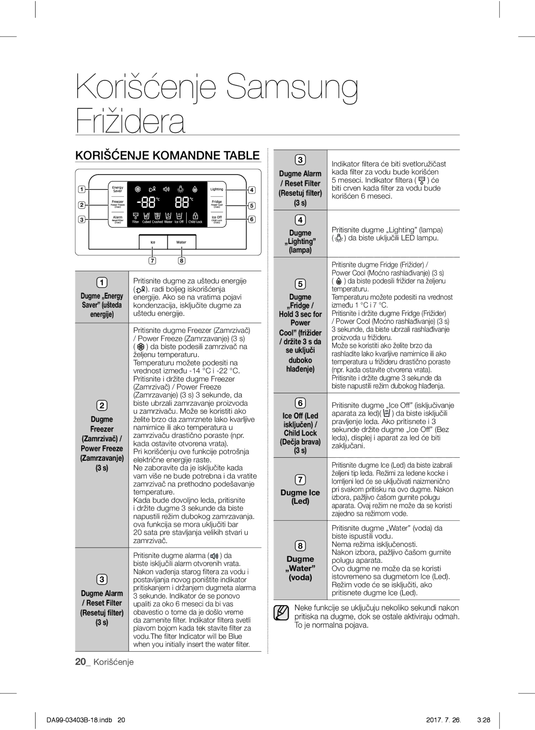 Samsung RFG23UEBP1/XEO, RFG23UERS1/XEO, RFG23UERS1/XTR, RFG23UERS1/XEF manual Korišćenje Komandne Table 