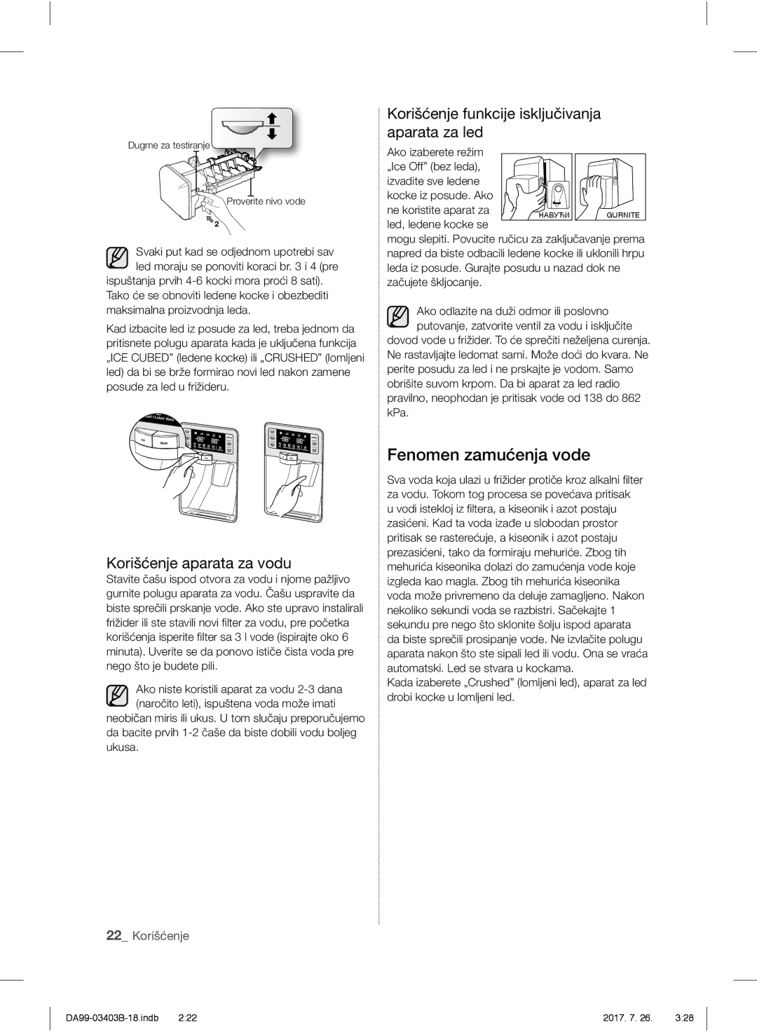 Samsung RFG23UERS1/XTR, RFG23UEBP1/XEO manual Fenomen zamućenja vode, Korišćenje aparata za vodu, Led, ledene kocke se 