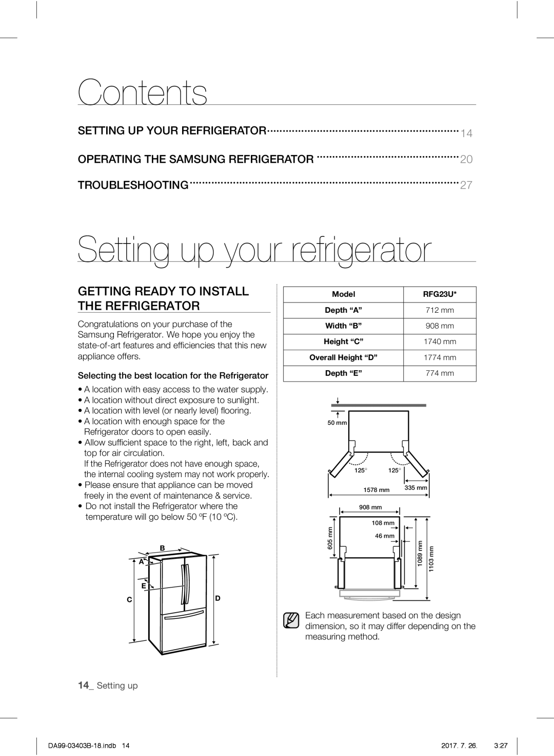 Samsung RFG23UERS1/XTR, RFG23UEBP1/XEO, RFG23UERS1/XEO, RFG23UERS1/XEF manual Contents, Setting up your refrigerator 