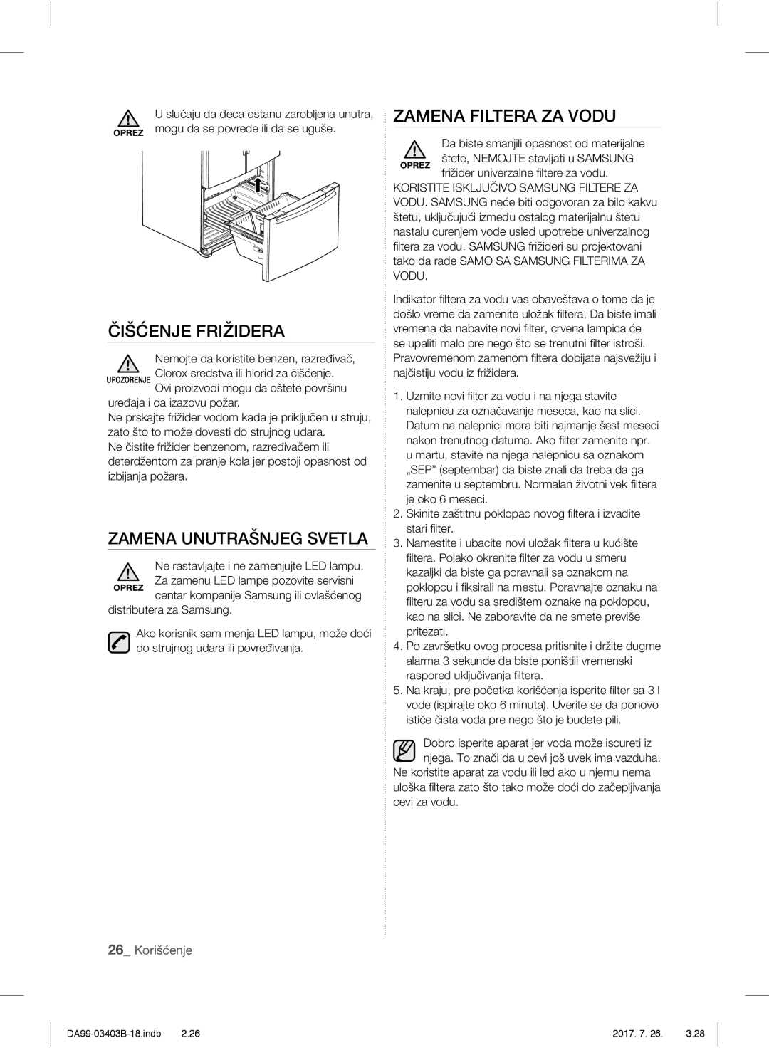 Samsung RFG23UERS1/XTR, RFG23UEBP1/XEO manual Čišćenje Frižidera, Zamena Unutrašnjeg Svetla, Zamena Filtera ZA Vodu 