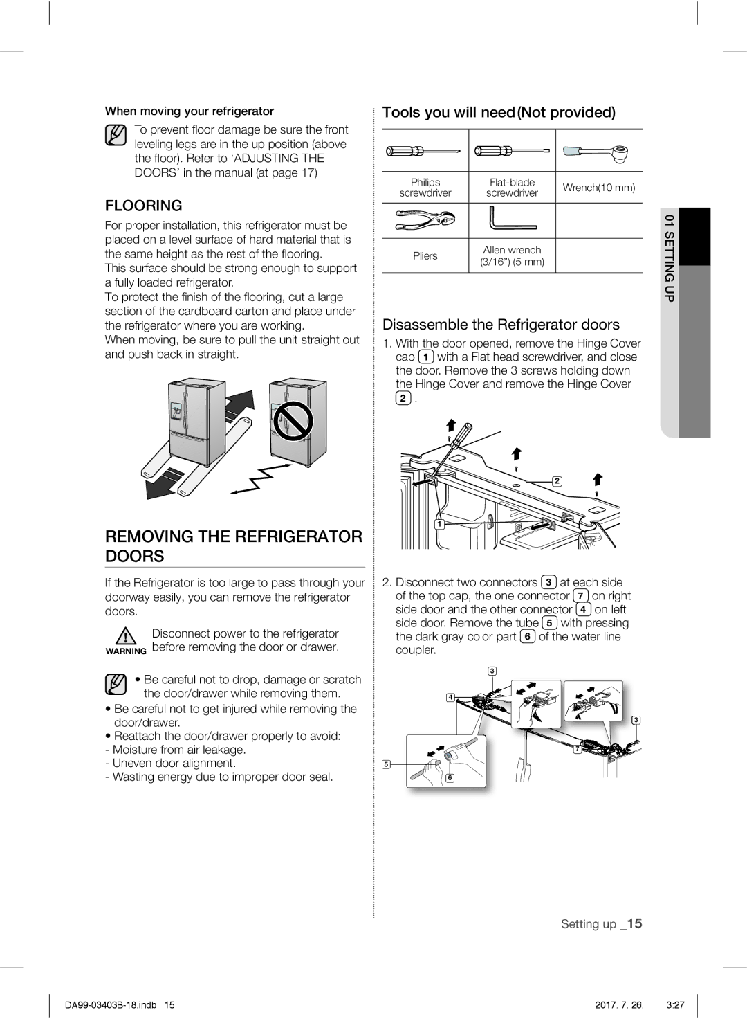 Samsung RFG23UERS1/XEF, RFG23UEBP1/XEO manual Removing the Refrigerator Doors, Flooring, Tools you will needNot provided 