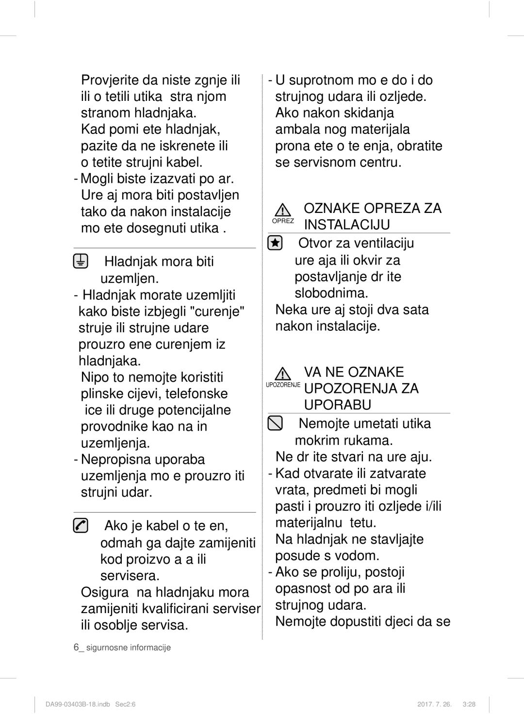 Samsung RFG23UERS1/XTR, RFG23UEBP1/XEO, RFG23UERS1/XEO, RFG23UERS1/XEF manual Oznake Opreza ZA Oprez Instalaciju 