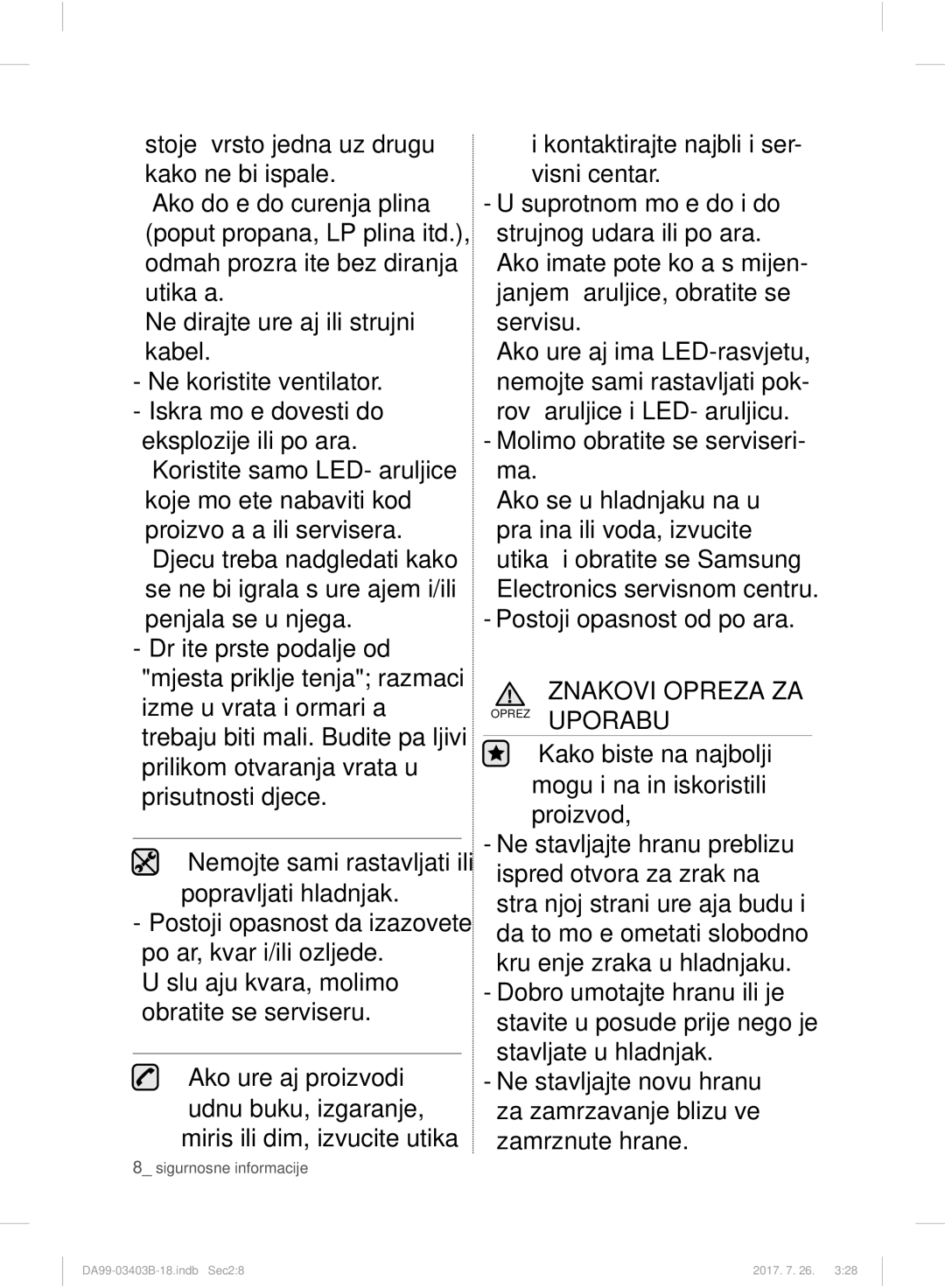 Samsung RFG23UEBP1/XEO, RFG23UERS1/XEO, RFG23UERS1/XTR, RFG23UERS1/XEF manual Znakovi Opreza ZA Oprez Uporabu 