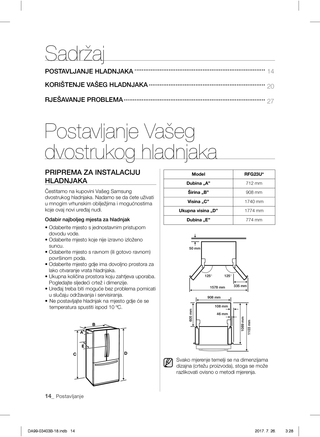 Samsung RFG23UERS1/XTR, RFG23UEBP1/XEO manual Postavljanje Vašeg dvostrukog hladnjaka, Priprema ZA Instalaciju Hladnjaka 