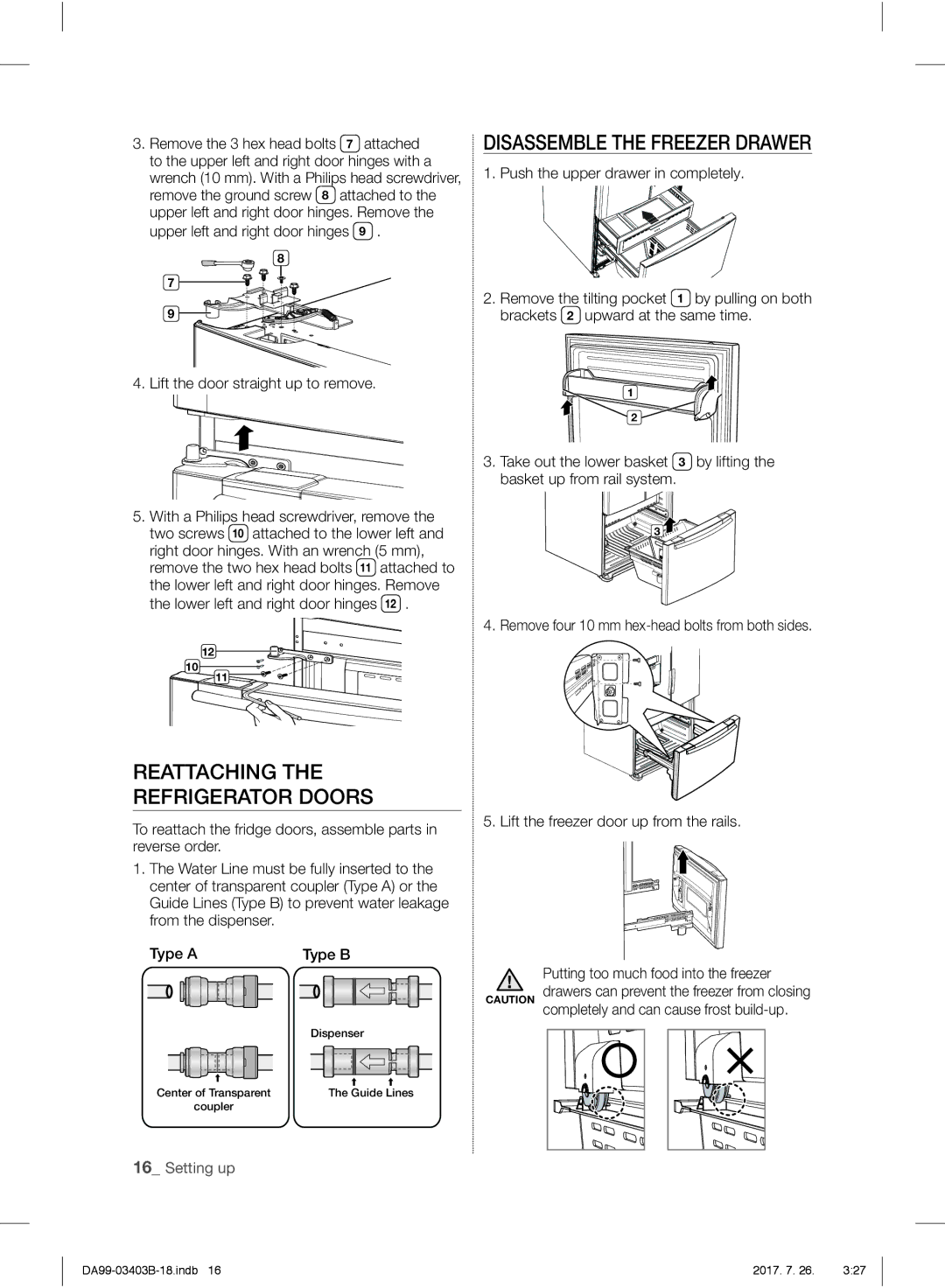 Samsung RFG23UEBP1/XEO, RFG23UERS1/XEO, RFG23UERS1/XTR Disassemble the Freezer Drawer, Reattaching the Refrigerator Doors 