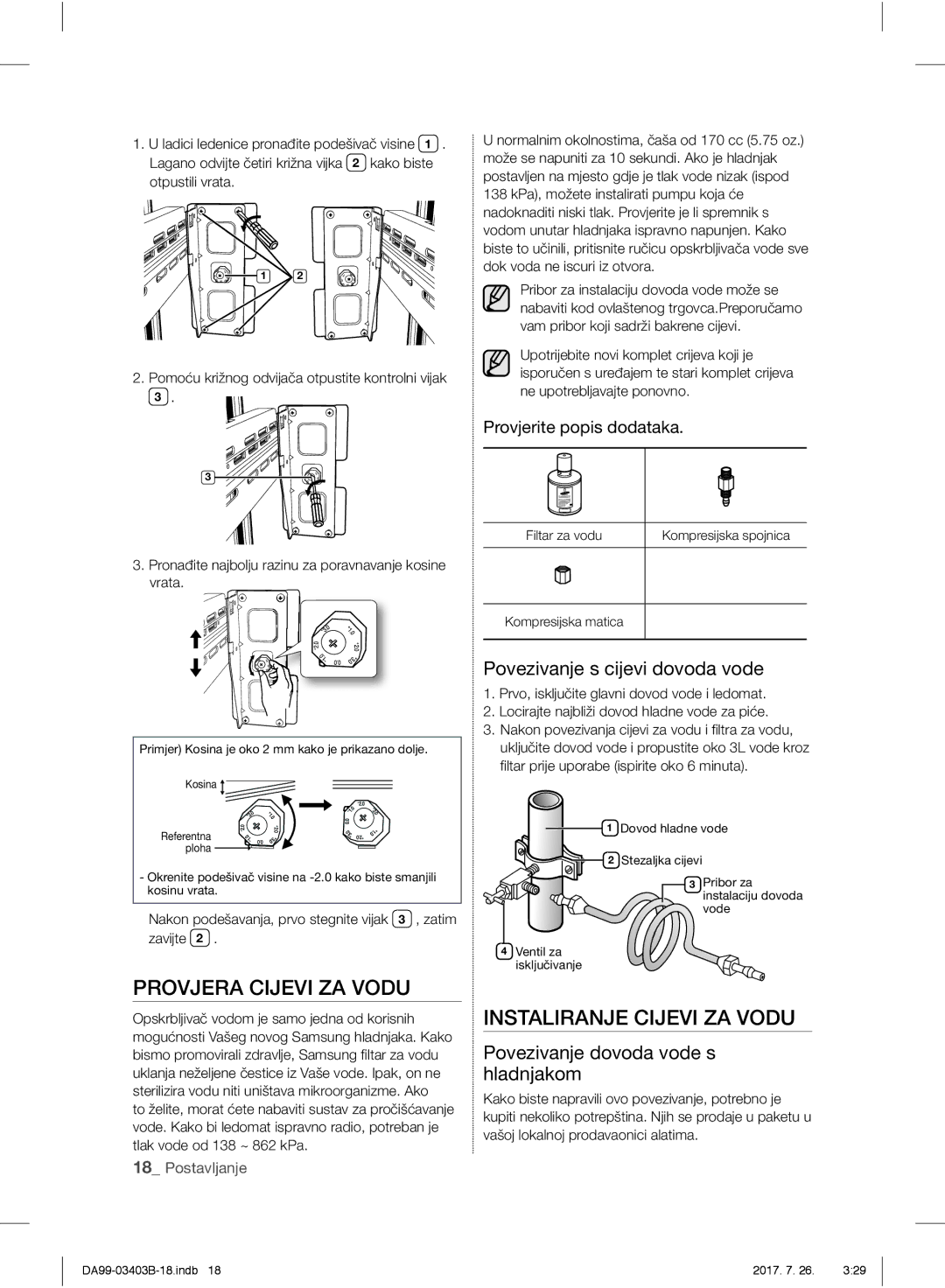 Samsung RFG23UERS1/XTR manual Provjera Cijevi ZA Vodu, Instaliranje Cijevi ZA Vodu, Povezivanje s cijevi dovoda vode 