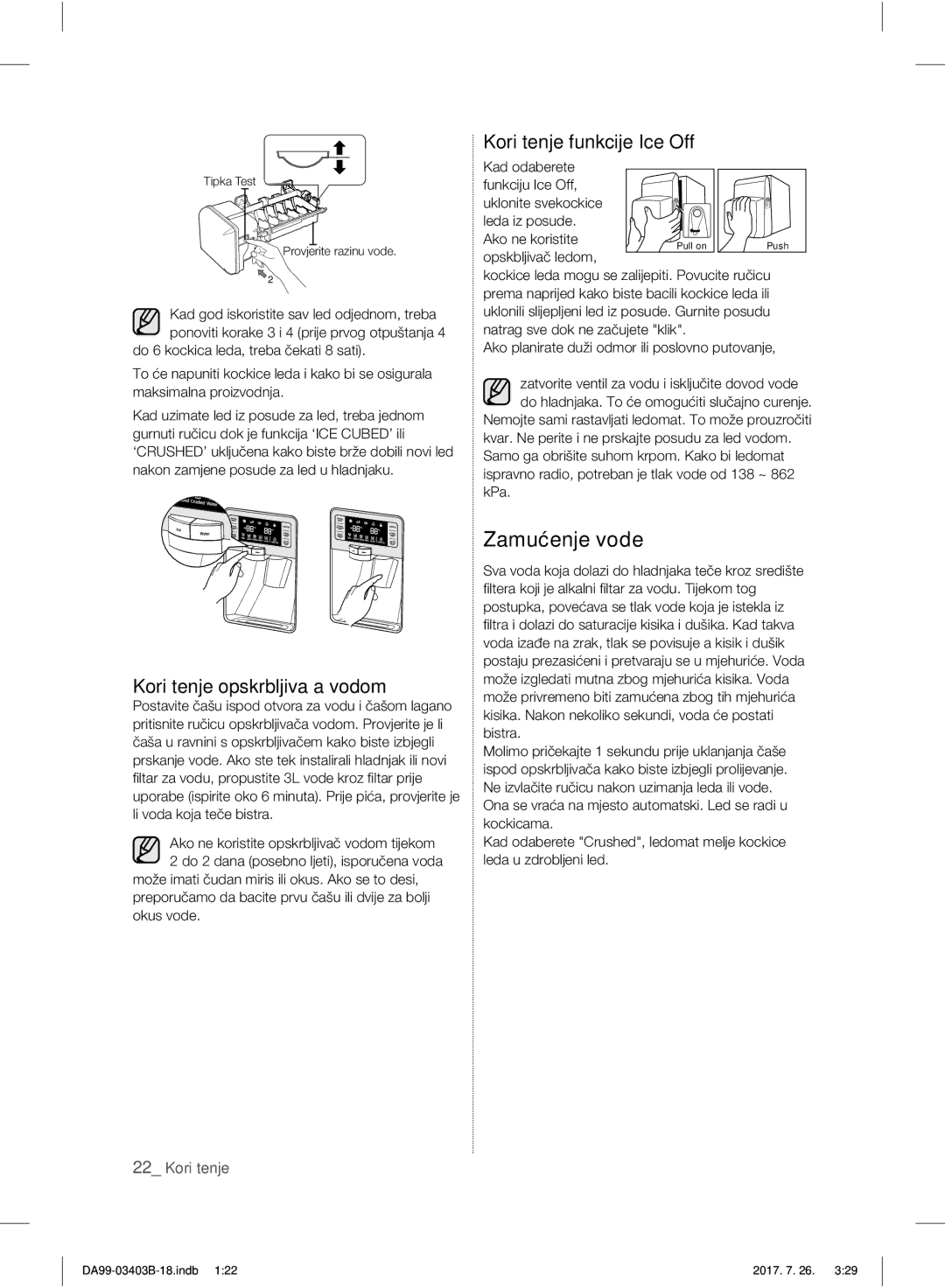 Samsung RFG23UERS1/XTR, RFG23UEBP1/XEO manual Zamućenje vode, Korištenje opskrbljivača vodom, Korištenje funkcije Ice Off 