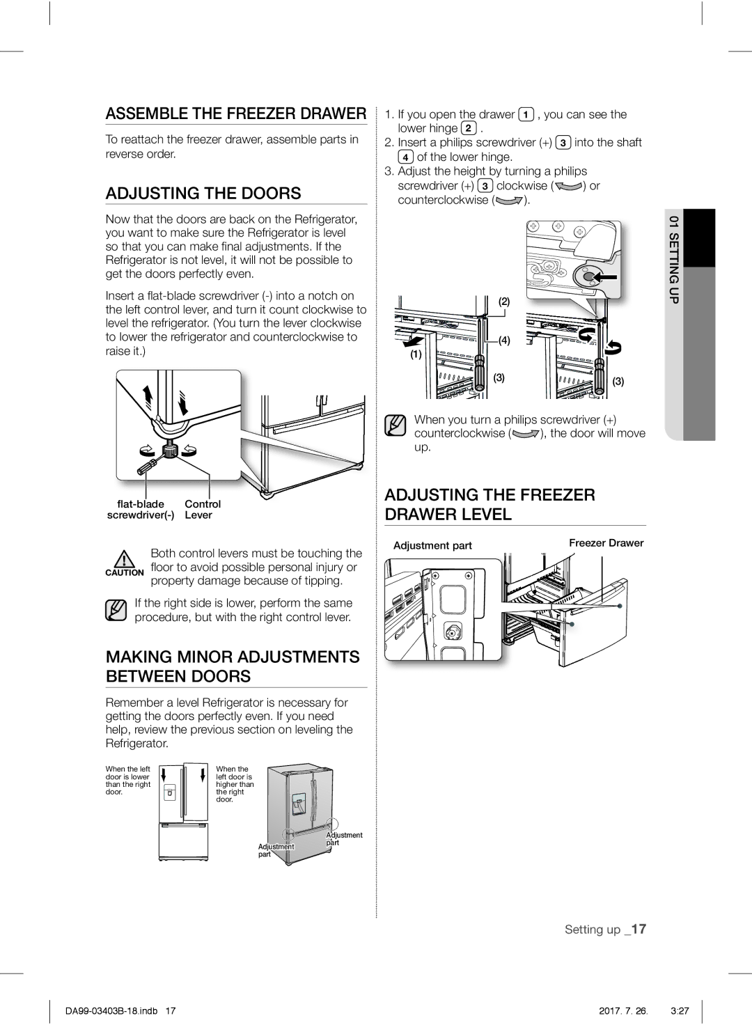 Samsung RFG23UERS1/XEO manual Assemble the Freezer Drawer, Adjusting the Doors, Making Minor Adjustments Between Doors 