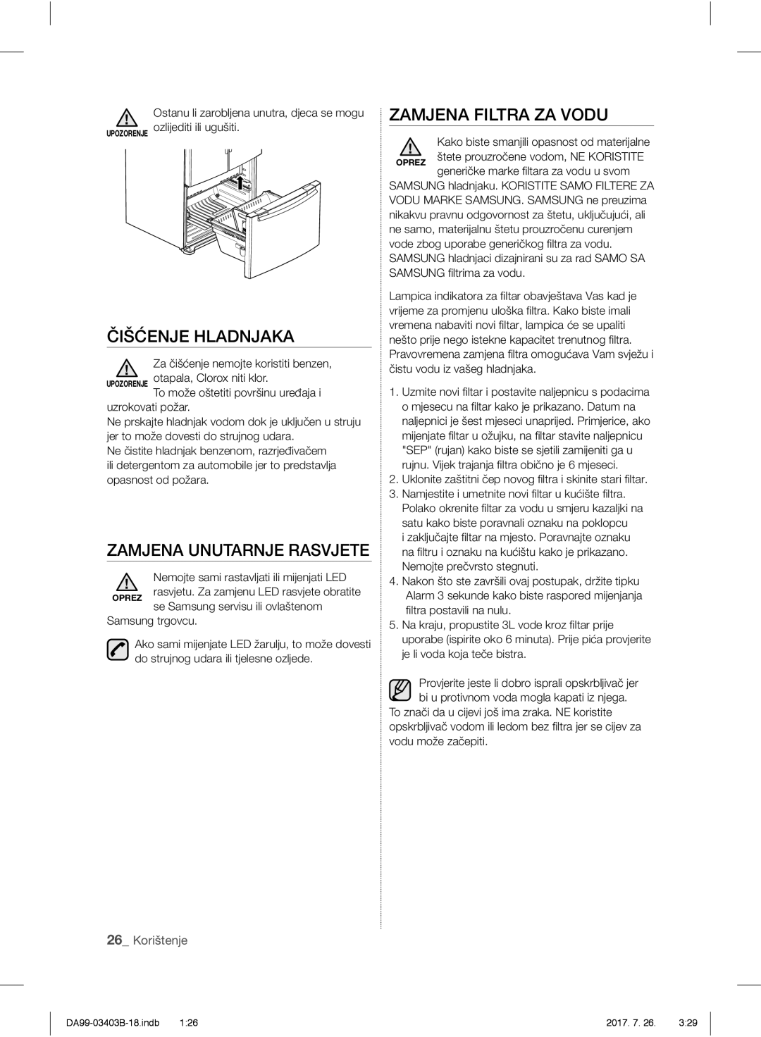 Samsung RFG23UERS1/XTR, RFG23UEBP1/XEO manual Zamjena Filtra ZA Vodu, Čišćenje Hladnjaka, Zamjena Unutarnje Rasvjete 