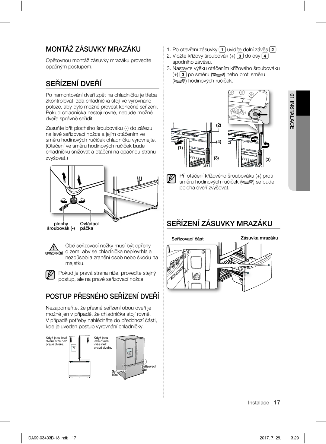 Samsung RFG23UERS1/XEO manual Montáž Zásuvky Mrazáku, Seřízení Zásuvky Mrazáku, Postup Přesného Seřízení Dveří 