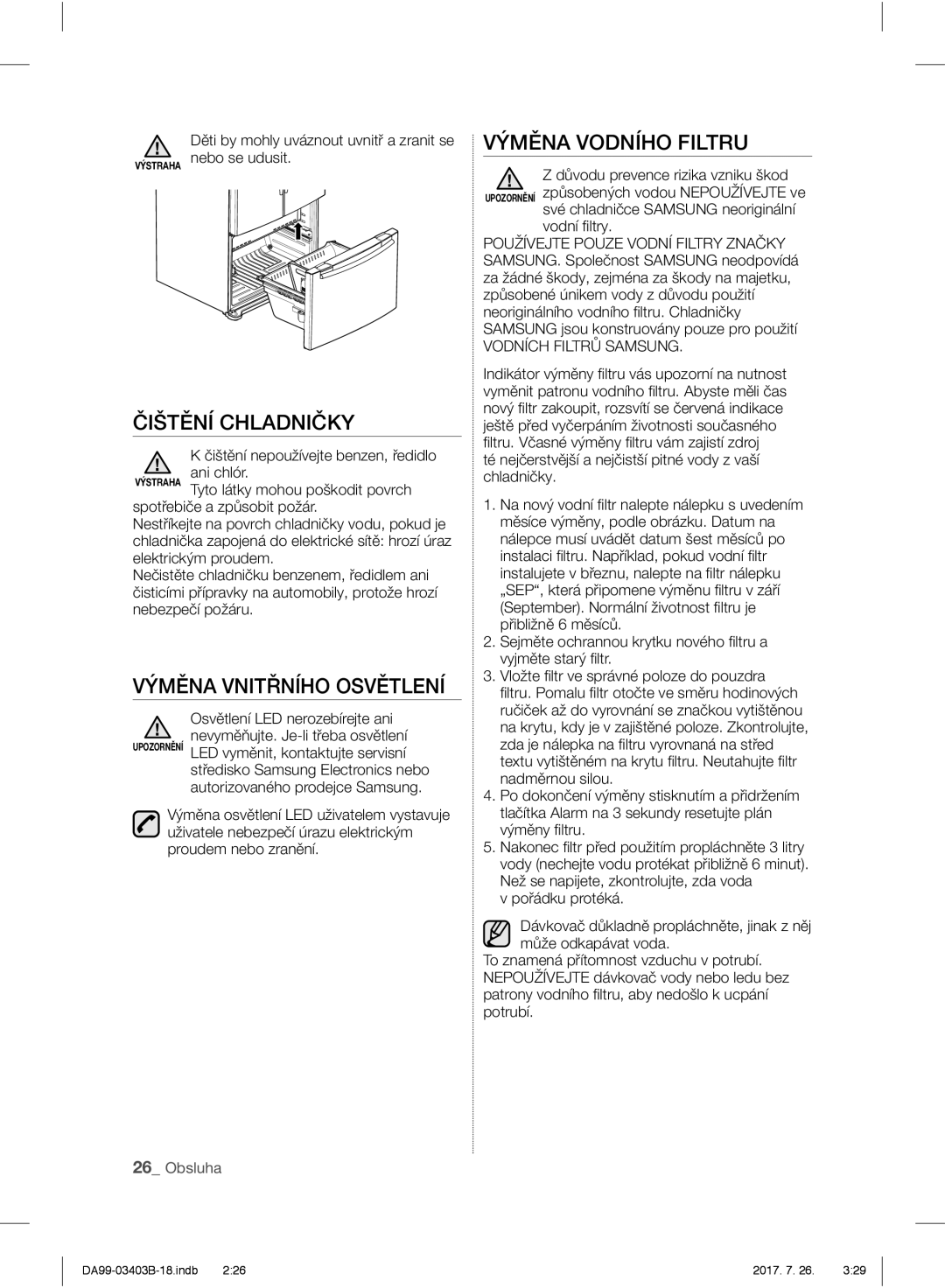 Samsung RFG23UERS1/XTR, RFG23UEBP1/XEO manual Výměna Vodního Filtru, Čištění Chladničky, Výměna Vnitřního Osvětlení 