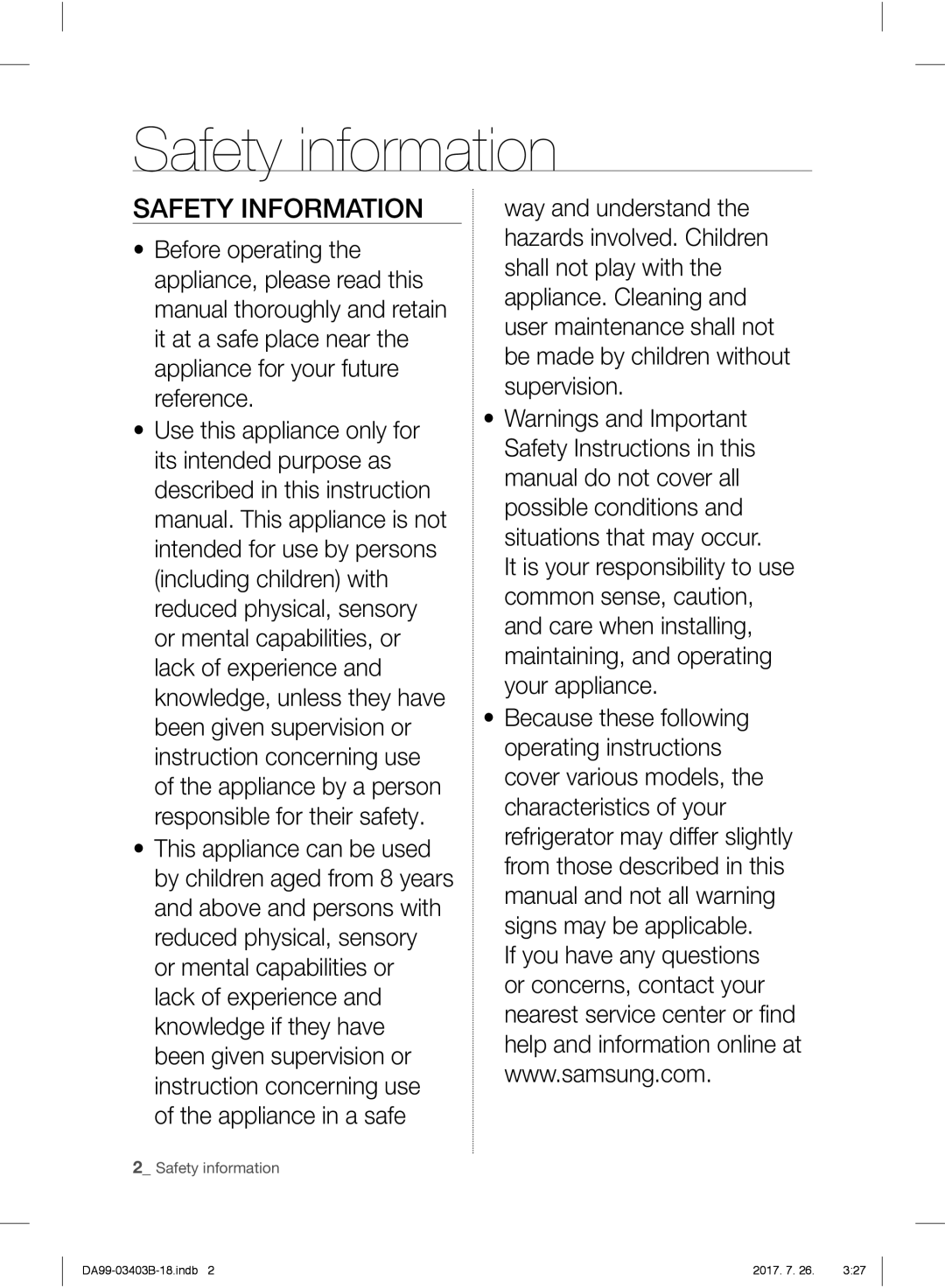 Samsung RFG23UERS1/XTR, RFG23UEBP1/XEO, RFG23UERS1/XEO, RFG23UERS1/XEF manual Safety information 