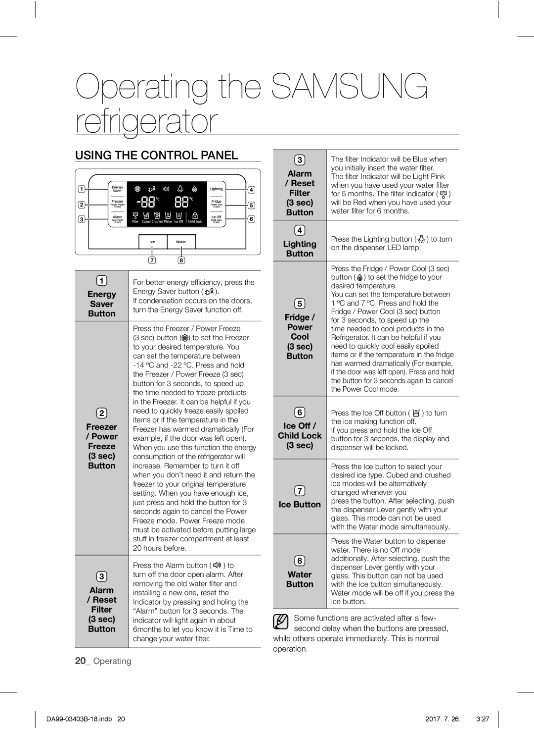 Samsung RFG23UEBP1/XEO, RFG23UERS1/XEO, RFG23UERS1/XTR manual Operating the Samsung refrigerator, Using the Control Panel 