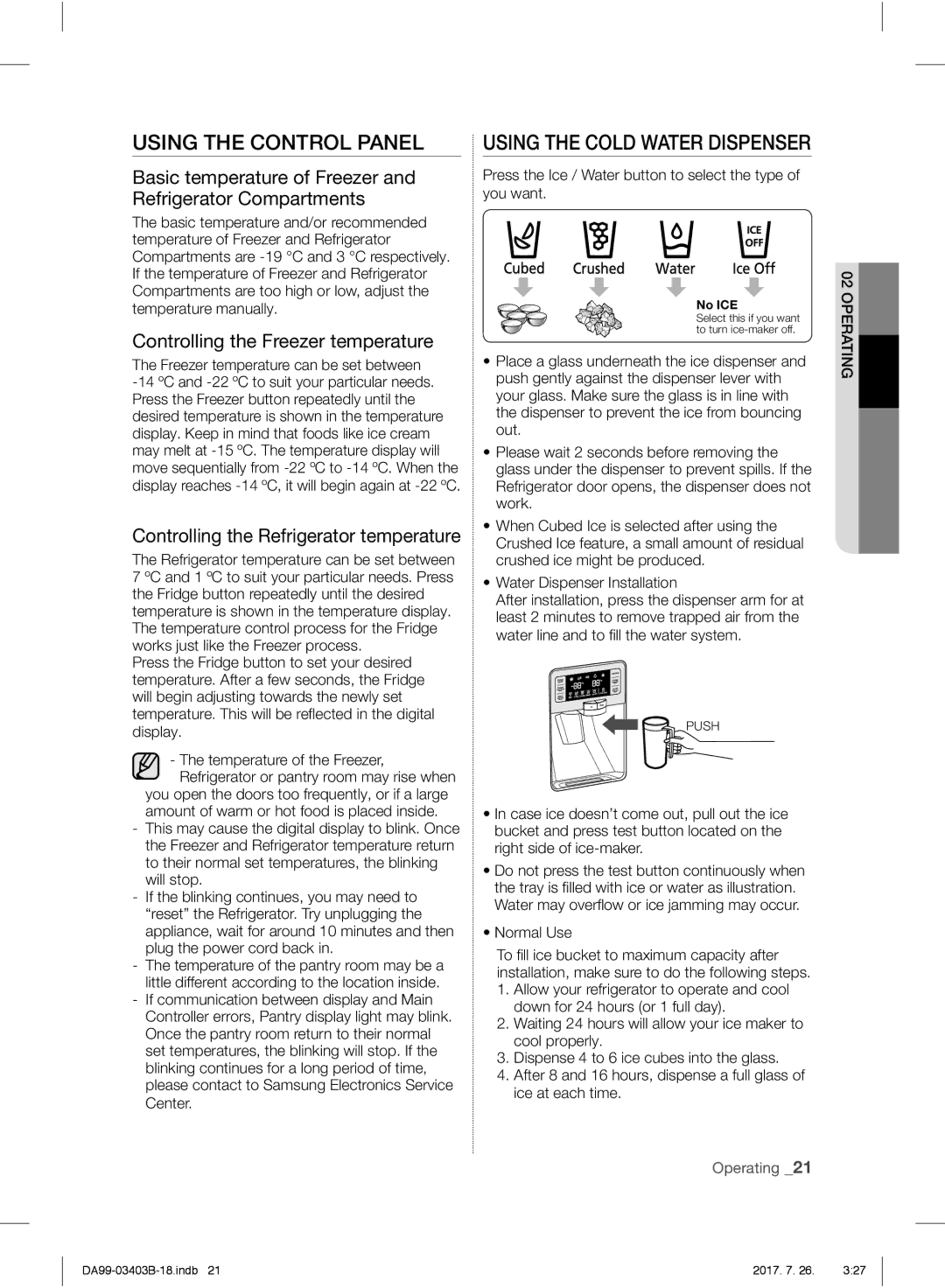 Samsung RFG23UERS1/XEO Basic temperature of Freezer and Refrigerator Compartments, Controlling the Freezer temperature 