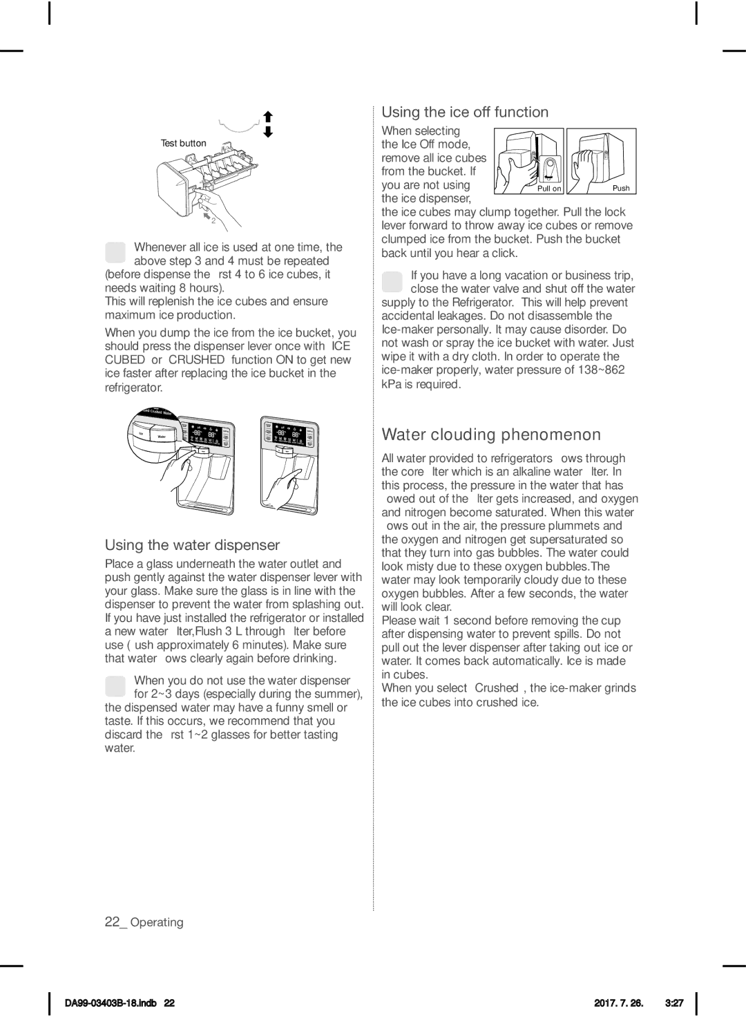 Samsung RFG23UERS1/XTR, RFG23UEBP1/XEO Water clouding phenomenon, Using the ice off function, Using the water dispenser 