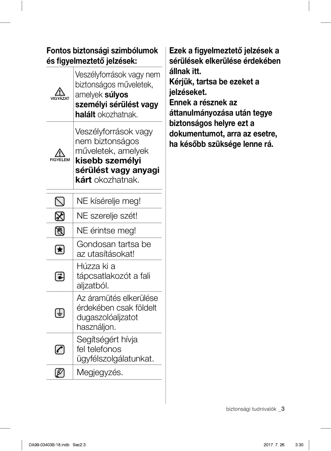 Samsung RFG23UERS1/XEO, RFG23UEBP1/XEO, RFG23UERS1/XTR manual Veszélyforrások vagy nem biztonságos műveletek, amelyek 