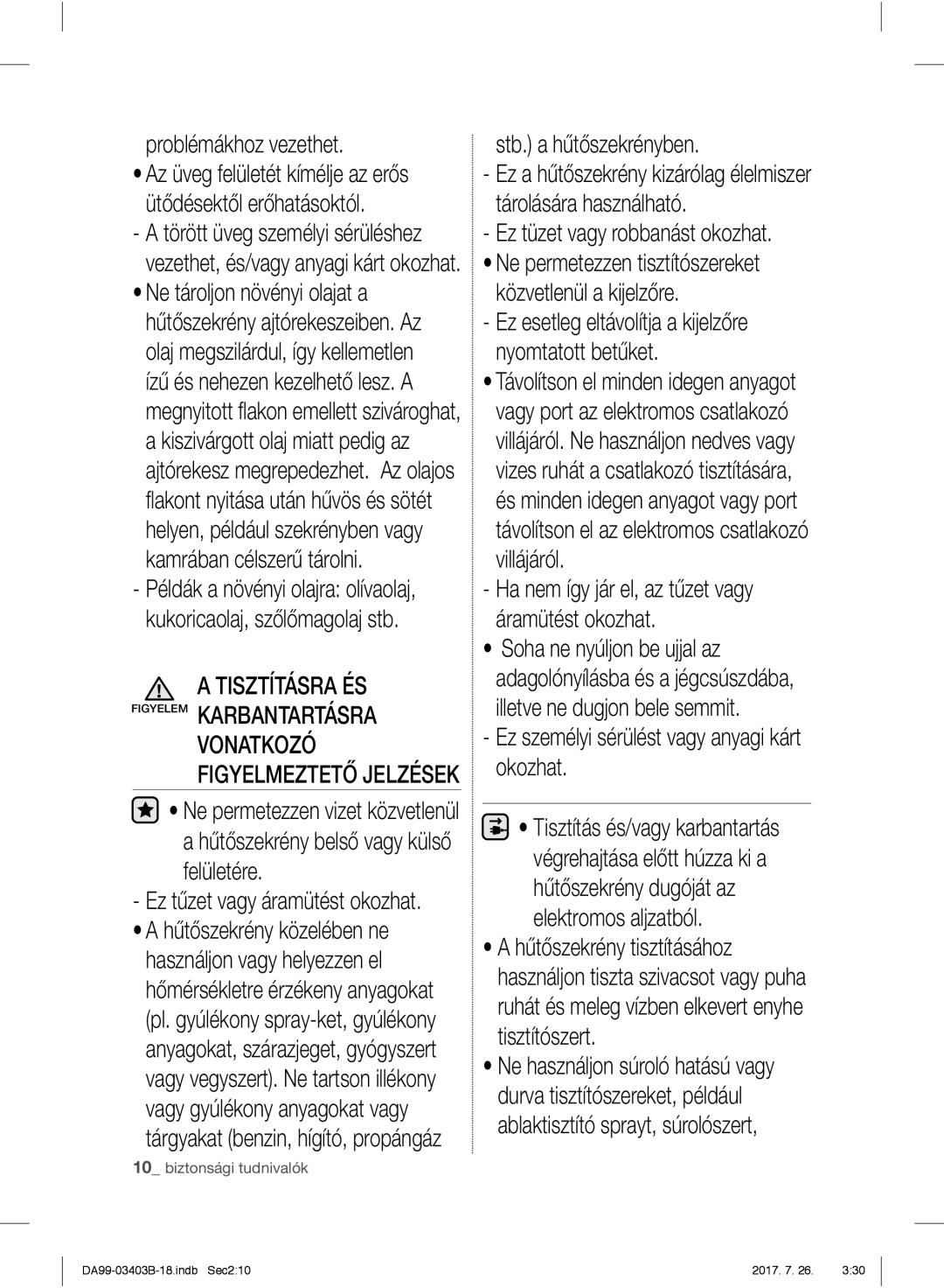 Samsung RFG23UEBP1/XEO, RFG23UERS1/XEO, RFG23UERS1/XTR, RFG23UERS1/XEF manual Tisztításra ÉS Figyelem Karbantartásra 