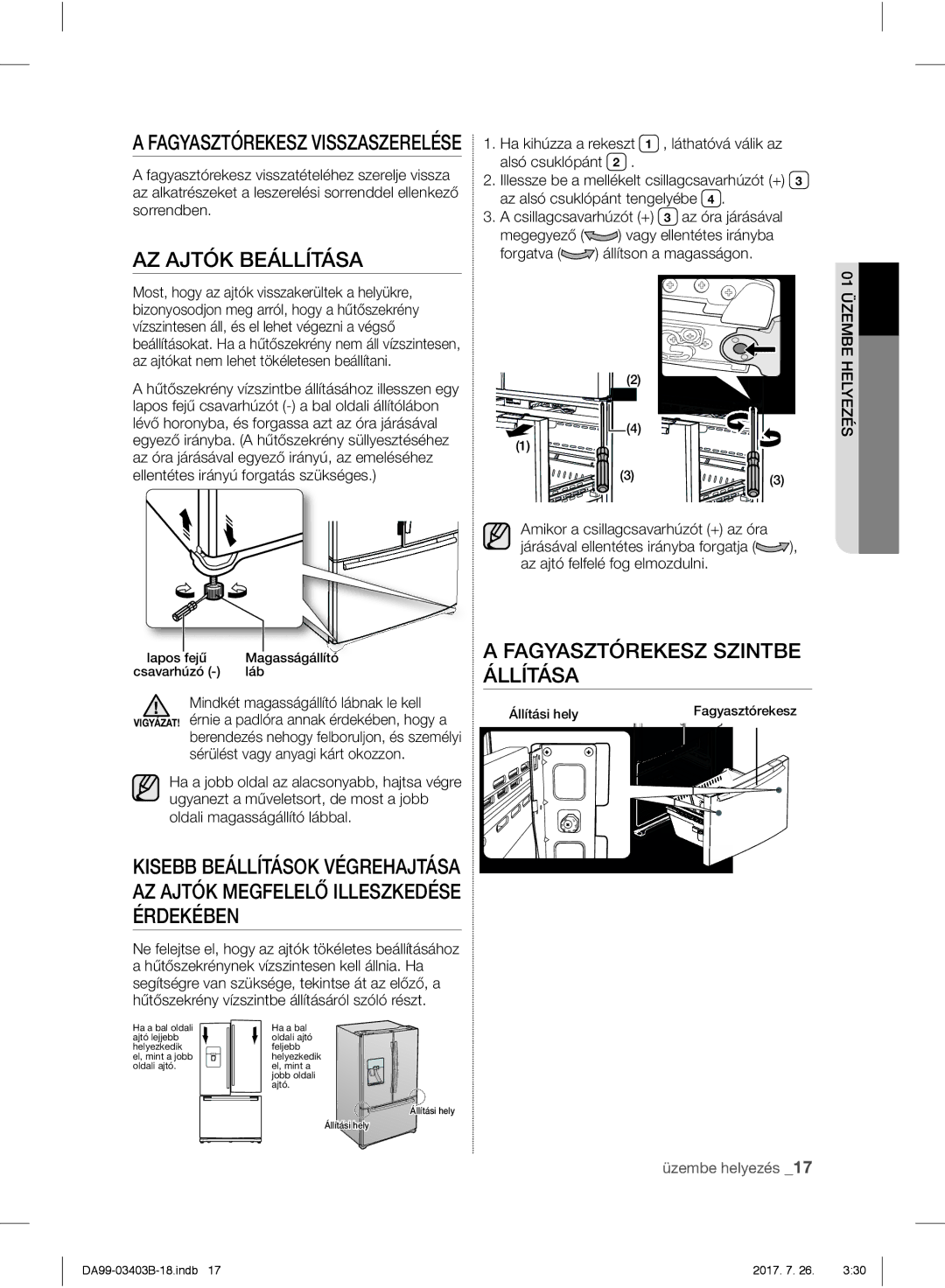 Samsung RFG23UERS1/XEF manual AZ Ajtók Beállítása, Fagyasztórekesz Szintbe Állítása, Lapos fejű Magasságállító, Láb 