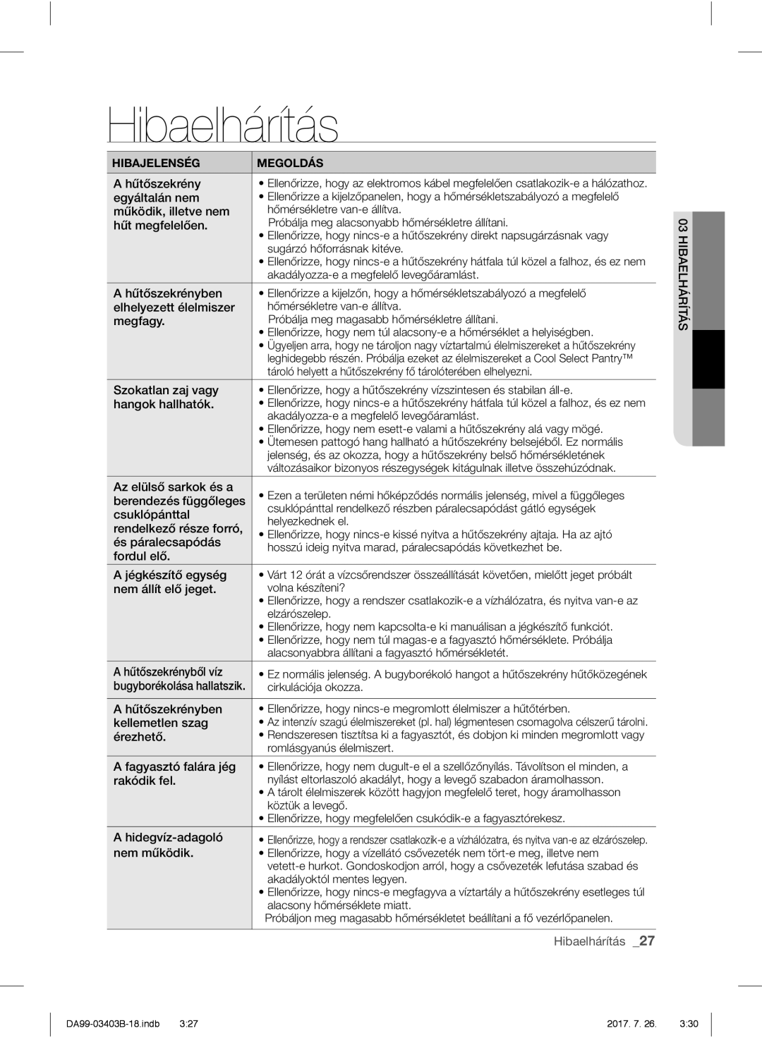 Samsung RFG23UERS1/XEO, RFG23UEBP1/XEO, RFG23UERS1/XTR, RFG23UERS1/XEF manual Hibaelhárítás 