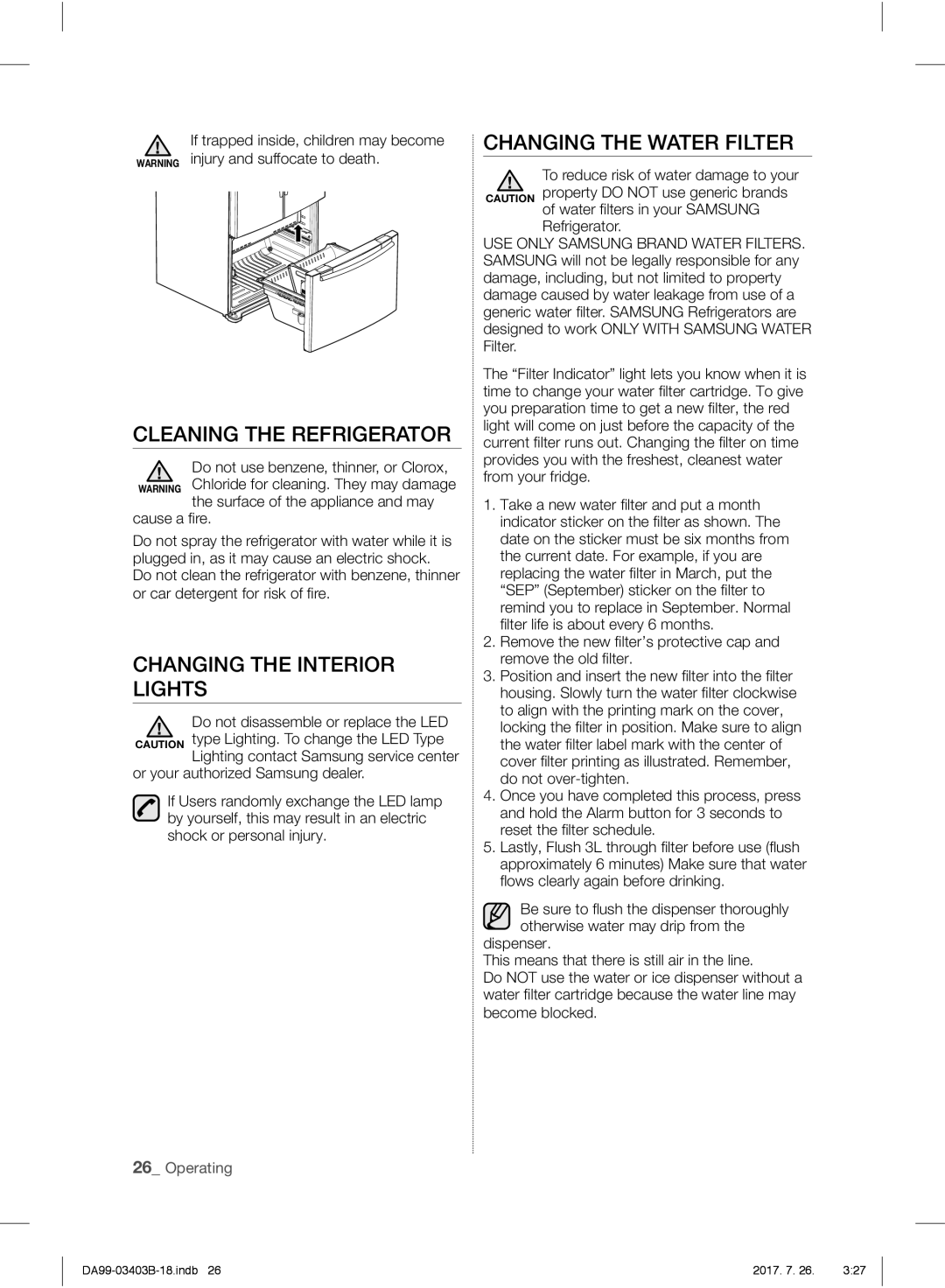 Samsung RFG23UERS1/XTR, RFG23UEBP1/XEO Cleaning the Refrigerator, Changing the Interior Lights, Changing the Water Filter 