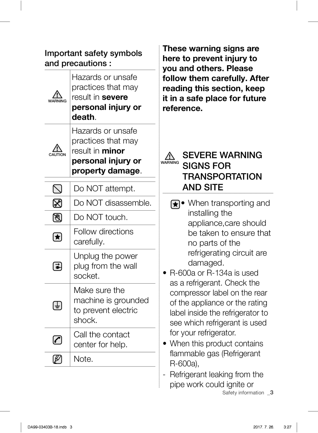 Samsung RFG23UERS1/XEF Result in minor, Do not attempt, Do not disassemble, Do not touch, Follow directions, Carefully 