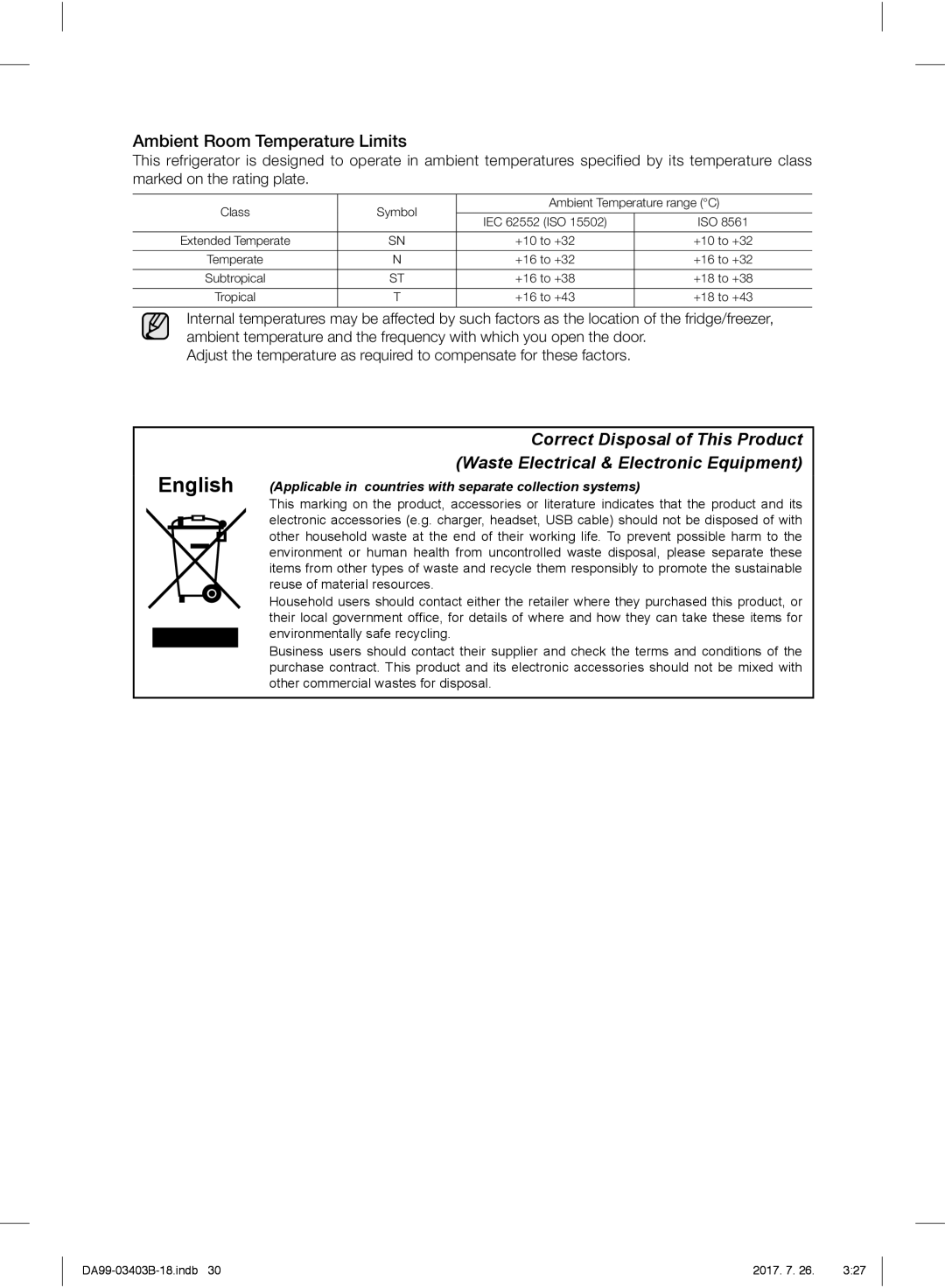 Samsung RFG23UERS1/XTR, RFG23UEBP1/XEO, RFG23UERS1/XEO, RFG23UERS1/XEF manual Ambient Room Temperature Limits 