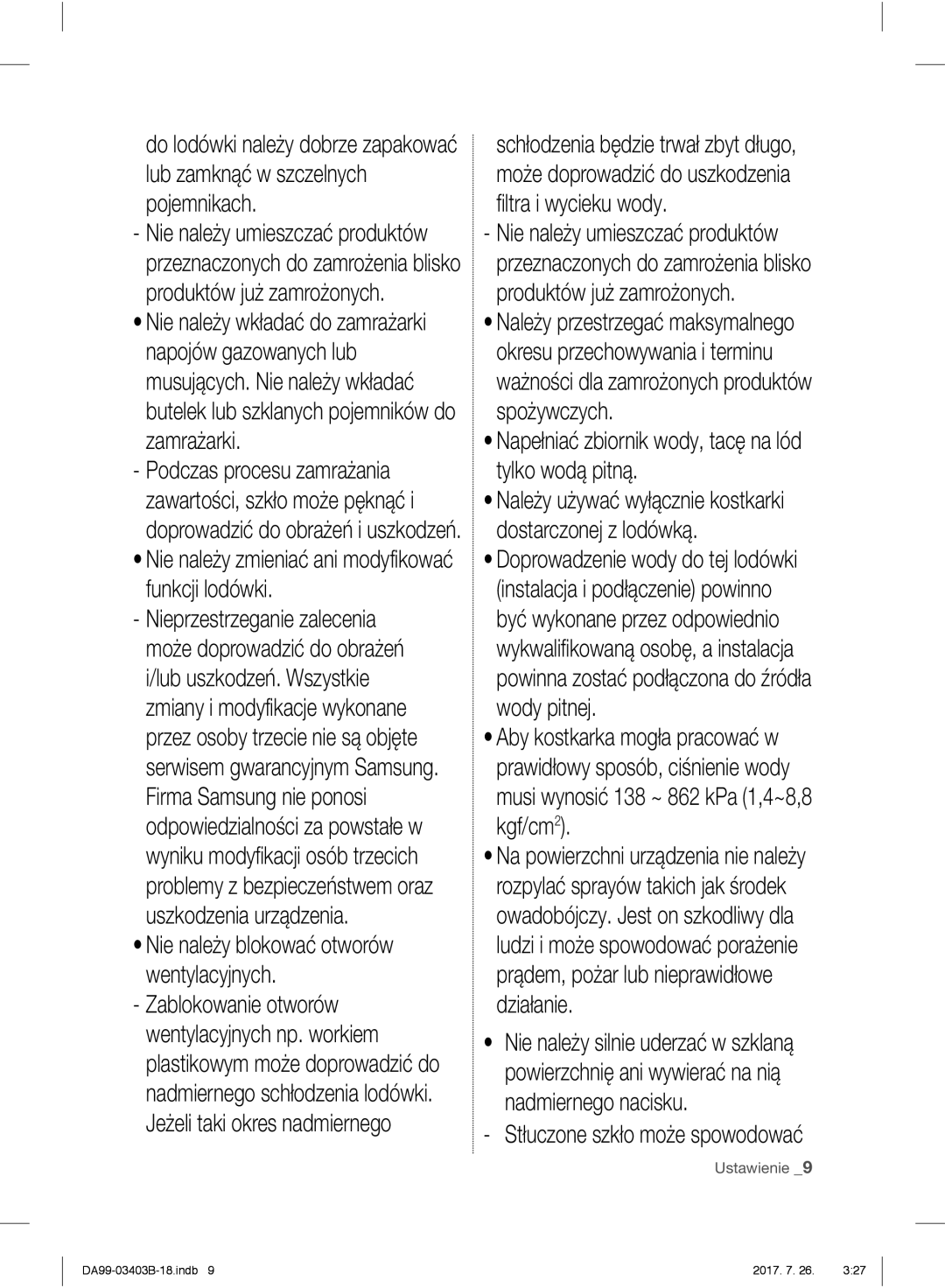 Samsung RFG23UERS1/XEF manual Nie należy zmieniać ani modyfikować funkcji lodówki, Stłuczone szkło może spowodować 