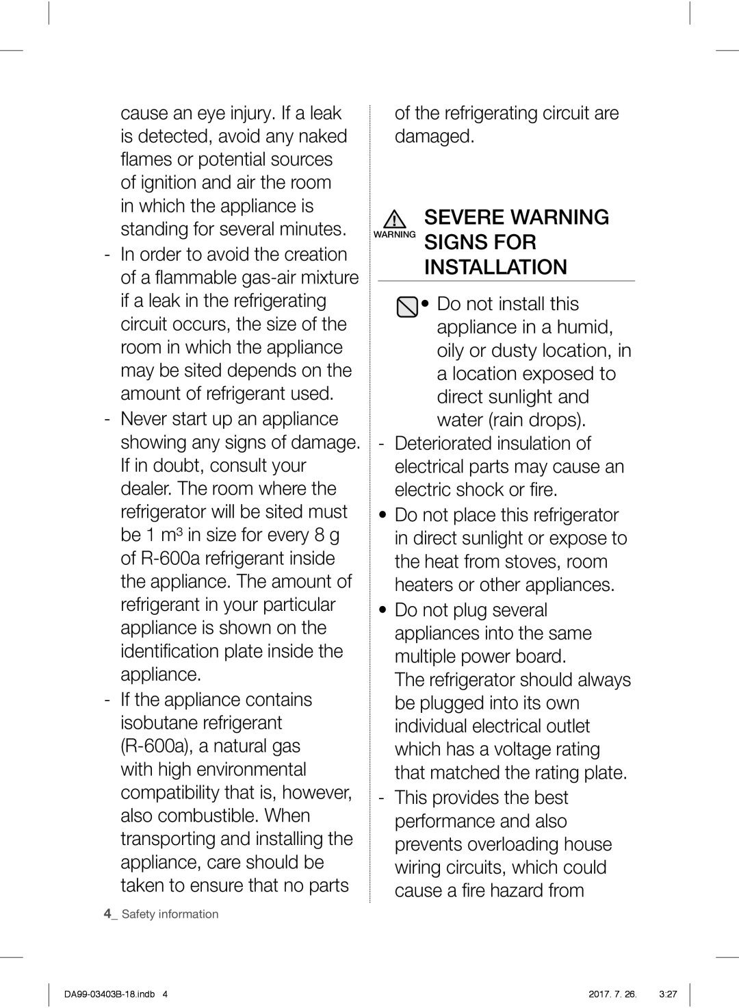 Samsung RFG23UEBP1/XEO, RFG23UERS1/XEO Severe Warning Warning Signs for Installation, Refrigerating circuit are damaged 