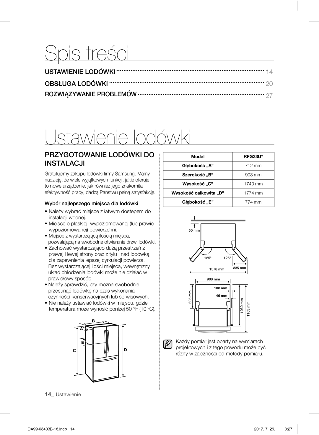 Samsung RFG23UEBP1/XEO, RFG23UERS1/XEO, RFG23UERS1/XTR Spis treści, Ustawienie lodówki, Przygotowanie Lodówki do Instalacji 