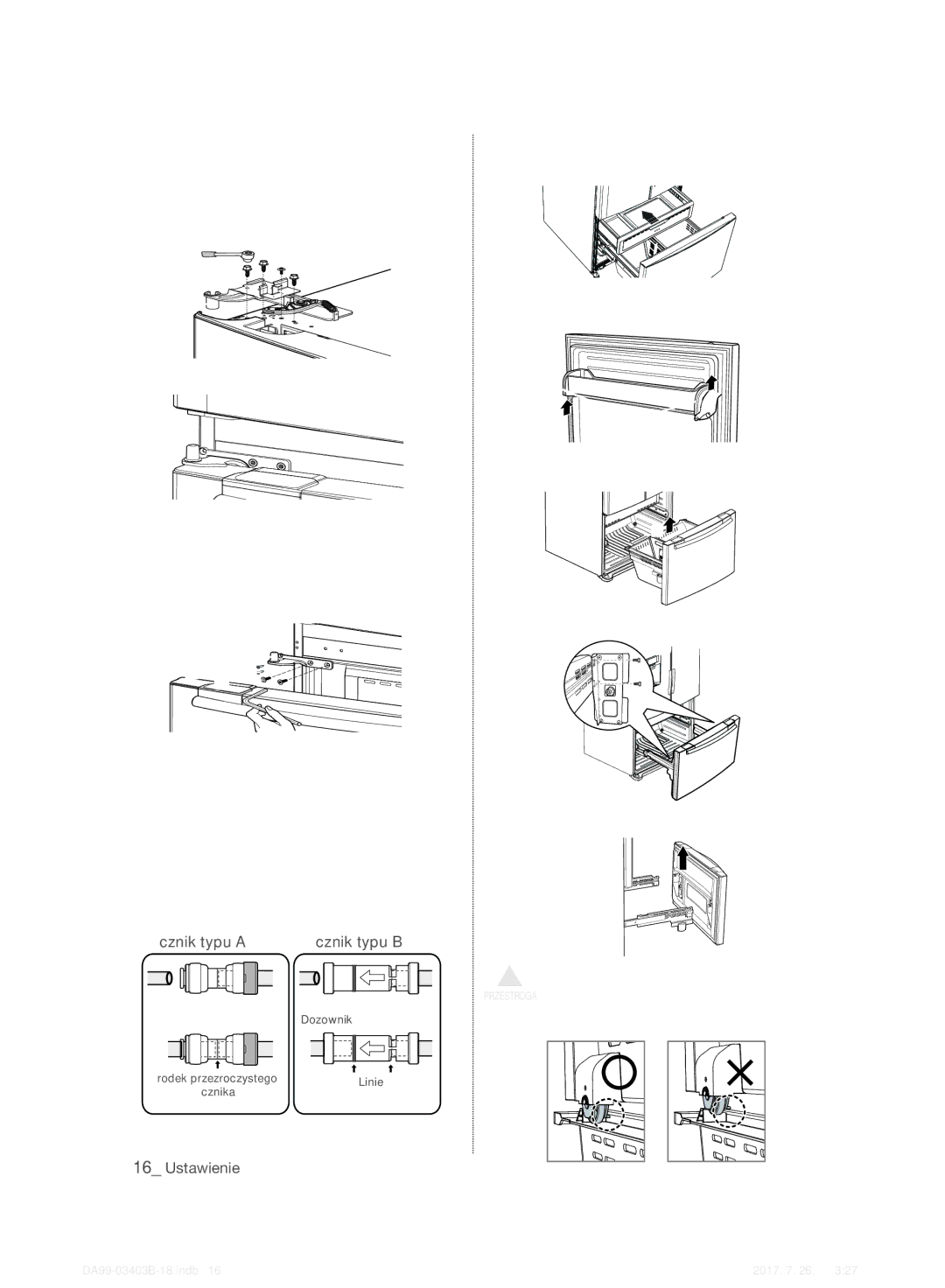 Samsung RFG23UERS1/XTR manual Montaż Drzwi Lodówki, Demontaż Szuflady Zamrażarki, Łącznik typu a Łącznik typu B, Szronu 