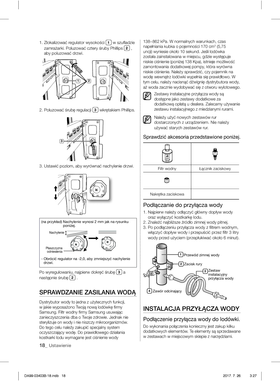 Samsung RFG23UEBP1/XEO manual Sprawdzanie Zasilania Wodą, Instalacja Przyłącza Wody, Podłączanie do przyłącza wody 