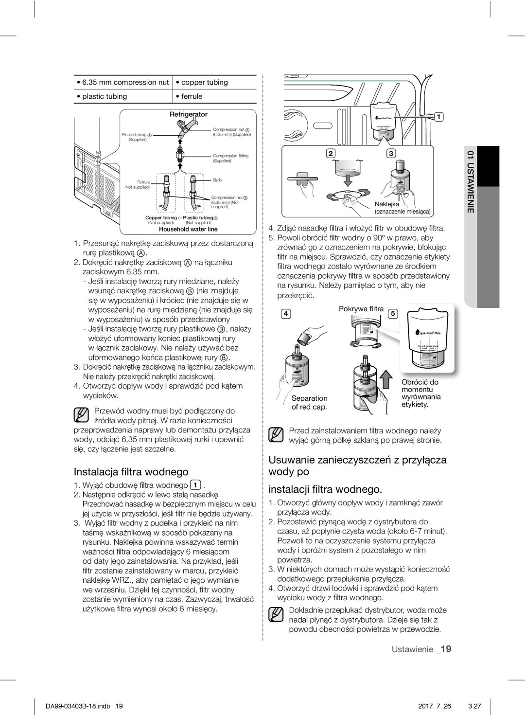 Samsung RFG23UERS1/XEO Instalacja ﬁltra wodnego, Otworzyć dopływ wody i sprawdzić pod kątem wycieków, Obrócić do, Momentu 