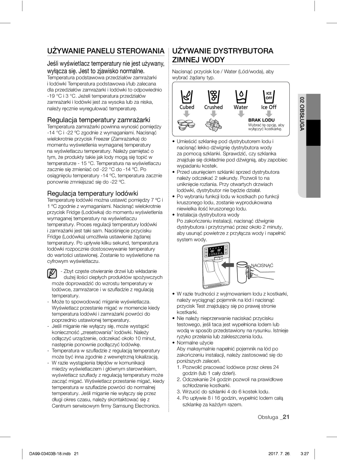 Samsung RFG23UERS1/XEF Używanie Dystrybutora Zimnej Wody, Regulacja temperatury zamrażarki, Regulacja temperatury lodówki 