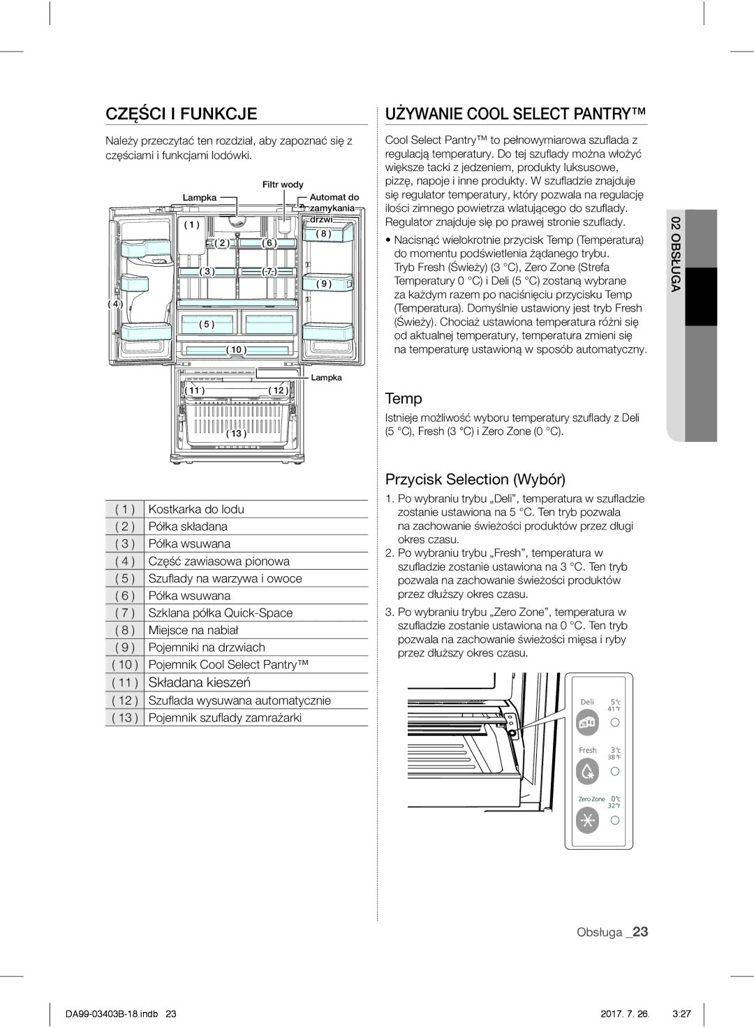 Samsung RFG23UERS1/XEO, RFG23UEBP1/XEO manual Części I Funkcje, Używanie Cool Select Pantry, Przycisk Selection Wybór 