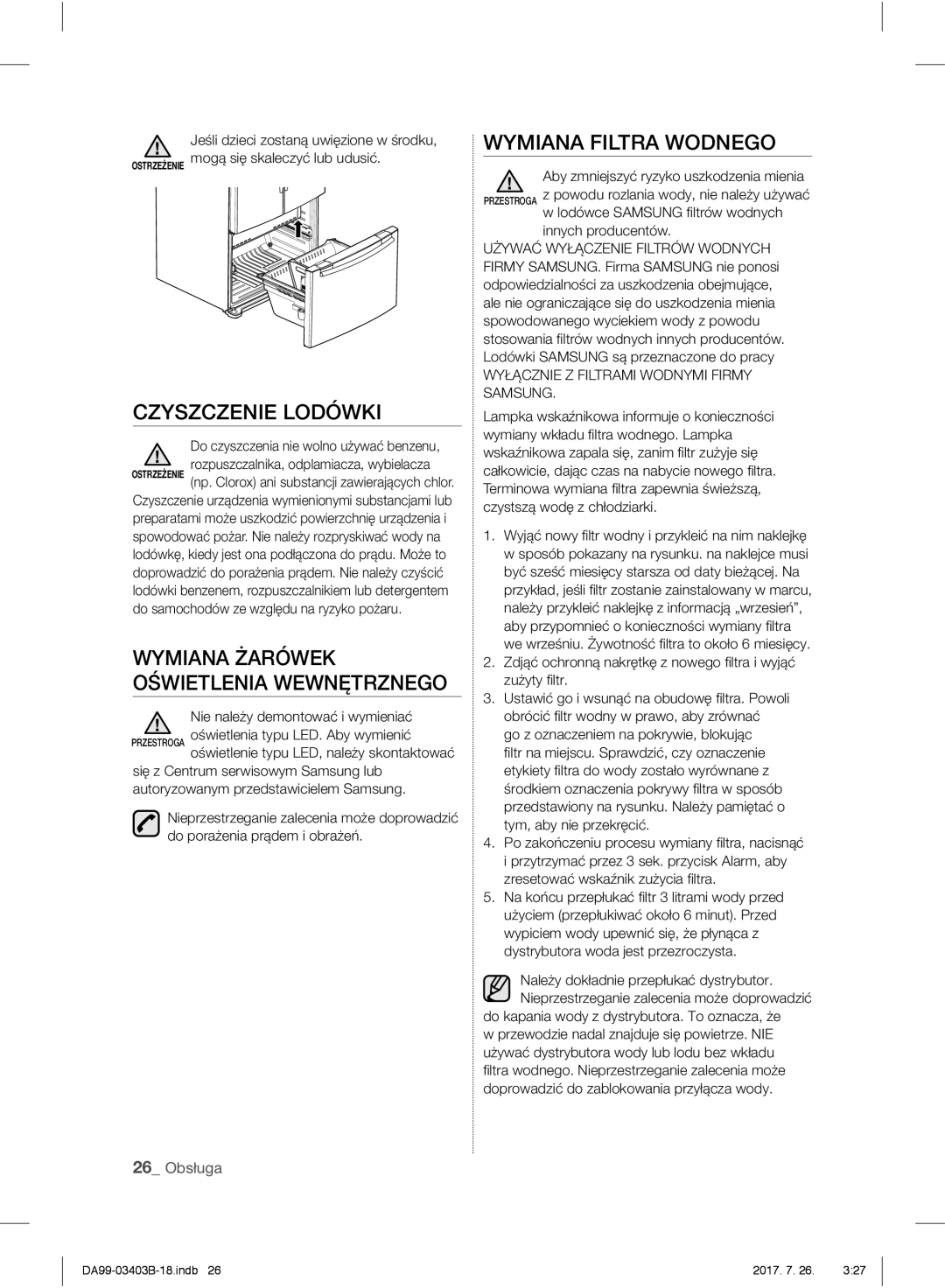 Samsung RFG23UEBP1/XEO Wymiana Filtra Wodnego, Czyszczenie Lodówki, Wymiana Żarówek Oświetlenia Wewnętrznego, 26 Obsługa 
