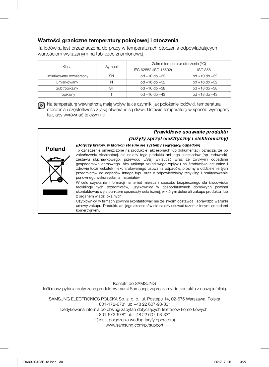 Samsung RFG23UEBP1/XEO manual Klasa Symbol Zakres temperatur otoczenia C IEC 62552 ISO, Od +10 do +32, Od +16 do +32 