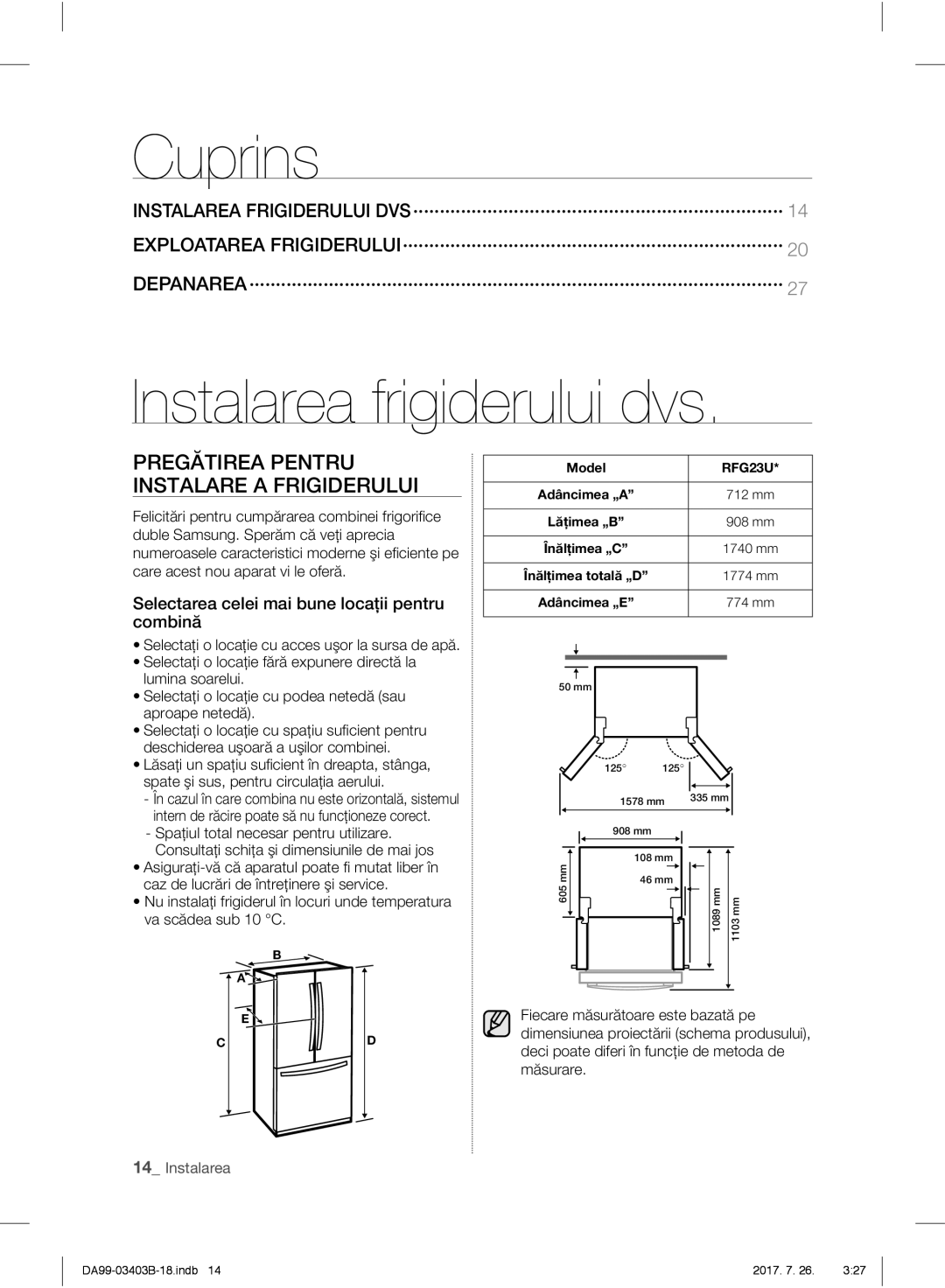 Samsung RFG23UERS1/XTR, RFG23UEBP1/XEO Cuprins, Instalarea frigiderului dvs, Pregătirea Pentru Instalare a Frigiderului 