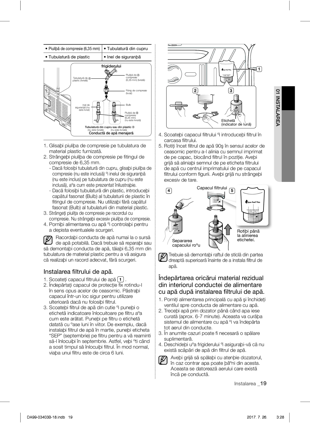 Samsung RFG23UERS1/XEF manual Instalarea ﬁltrului de apã, Tubulaturã din cupru, Tubulaturã de plastic Inel de siguranþã 