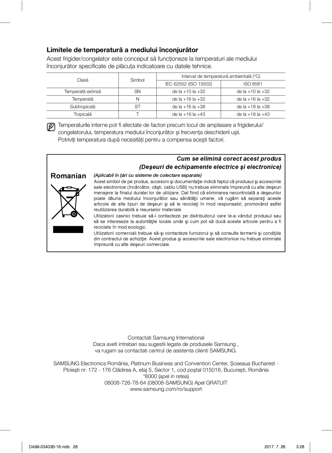 Samsung RFG23UEBP1/XEO, RFG23UERS1/XEO Limitele de temperatură a mediului înconjurător, Contactati Samsung International 