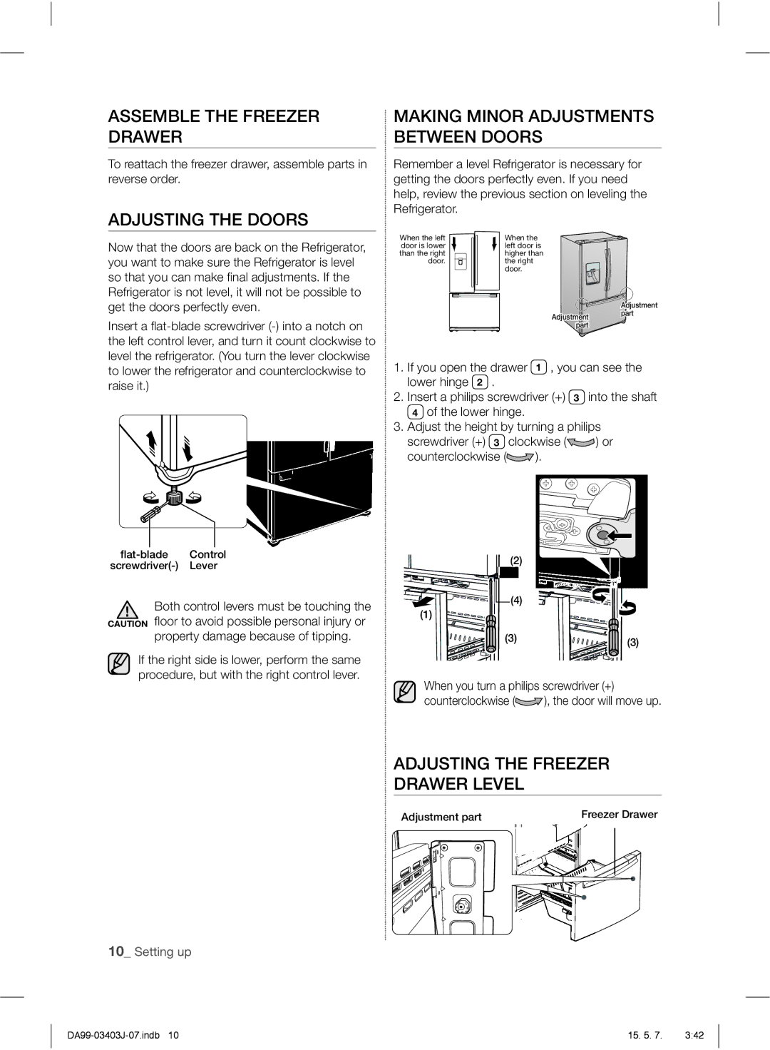 Samsung RFG23UEPN1/SML manual Assemble the Freezer Drawer, Adjusting the Doors Making Minor Adjustments Between Doors 