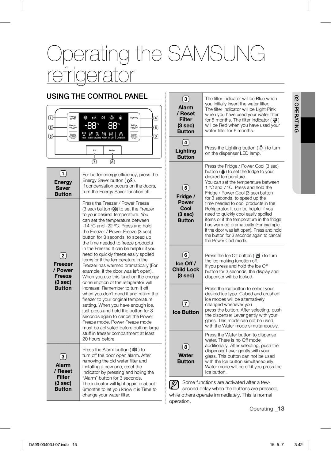 Samsung RFG23UEPN1/SML manual Operating the Samsung refrigerator, Using the Control Panel 