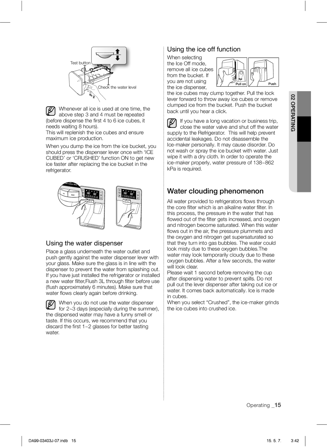 Samsung RFG23UEPN1/SML manual Using the ice off function, Using the water dispenser, Test button, Check the water level 