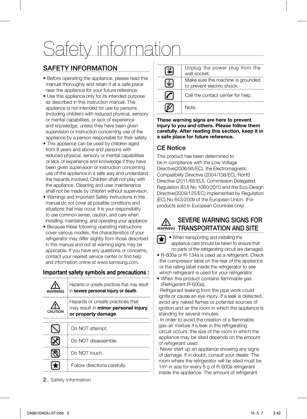 Samsung RFG23UEPN1/SML manual Safety information, Safety Information, CE Notice, Important safety symbols and precautions 