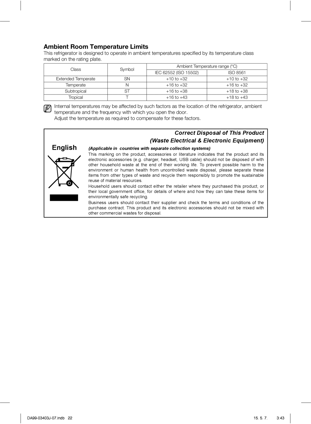 Samsung RFG23UEPN1/SML manual Ambient Room Temperature Limits, Class Symbol Ambient Temperature range C 